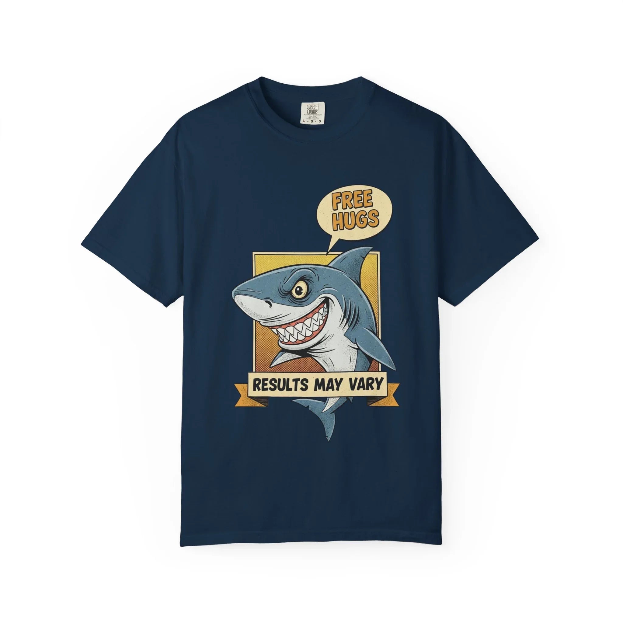 Funny Shark Shirt - "Free Hugs" Sarcastic Vintage Graphic Tee - Results May Vary Dark Humor Gift - Retro Great White Shark Top - Men's & Women's Dad Joke Clothing True Navy