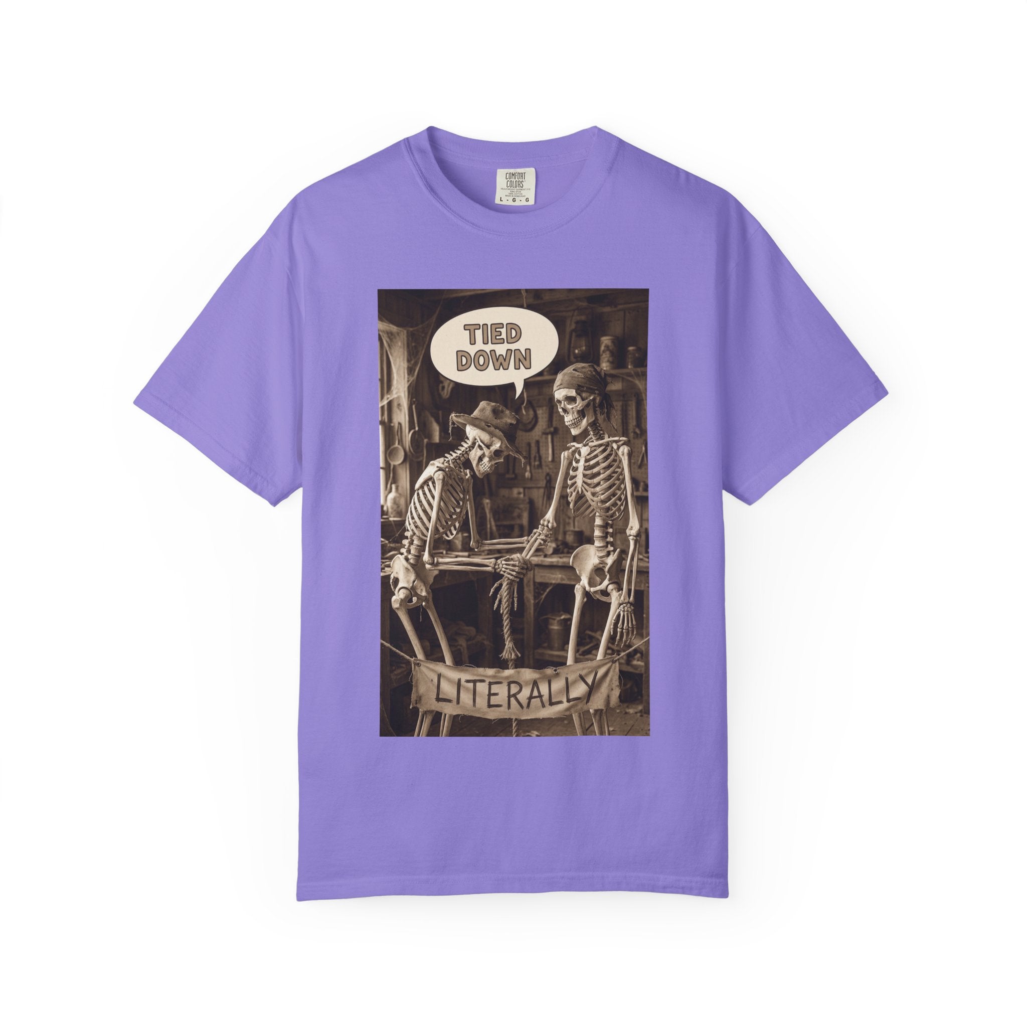 🪢 Tied Down Literally – Vintage Skeleton Satire & Dark Humor Streetwear Unisex Garment-Dyed T-shirt Violet