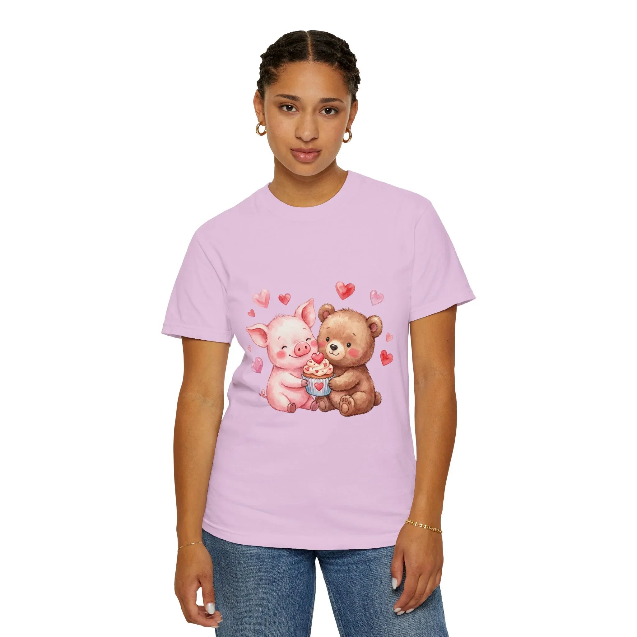 Cute Pig Bear Heart Cup Valentine T Shirt Watercolor Cozy Vintage Aesthetic Gift Animal Lovers Soft Cotton Romantic Tee