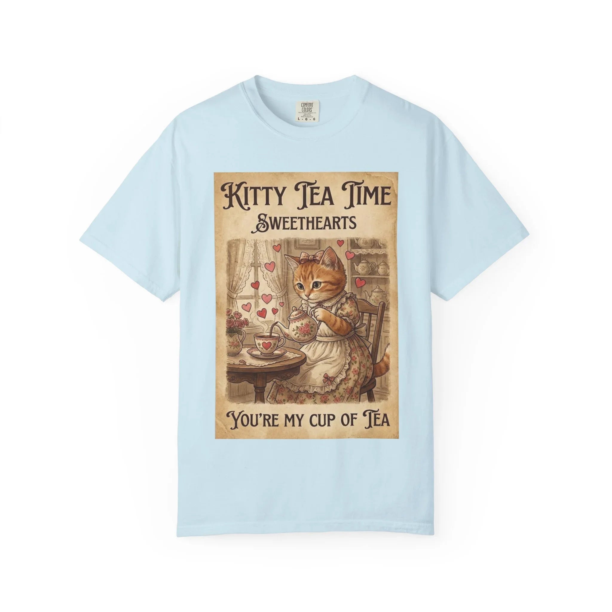 Kitty Tea Time T-Shirt | Vintage Cat Youre My Cup of Tea Graphic Tee | Retro Cozy Cat Lover Gift Shirt Chambray