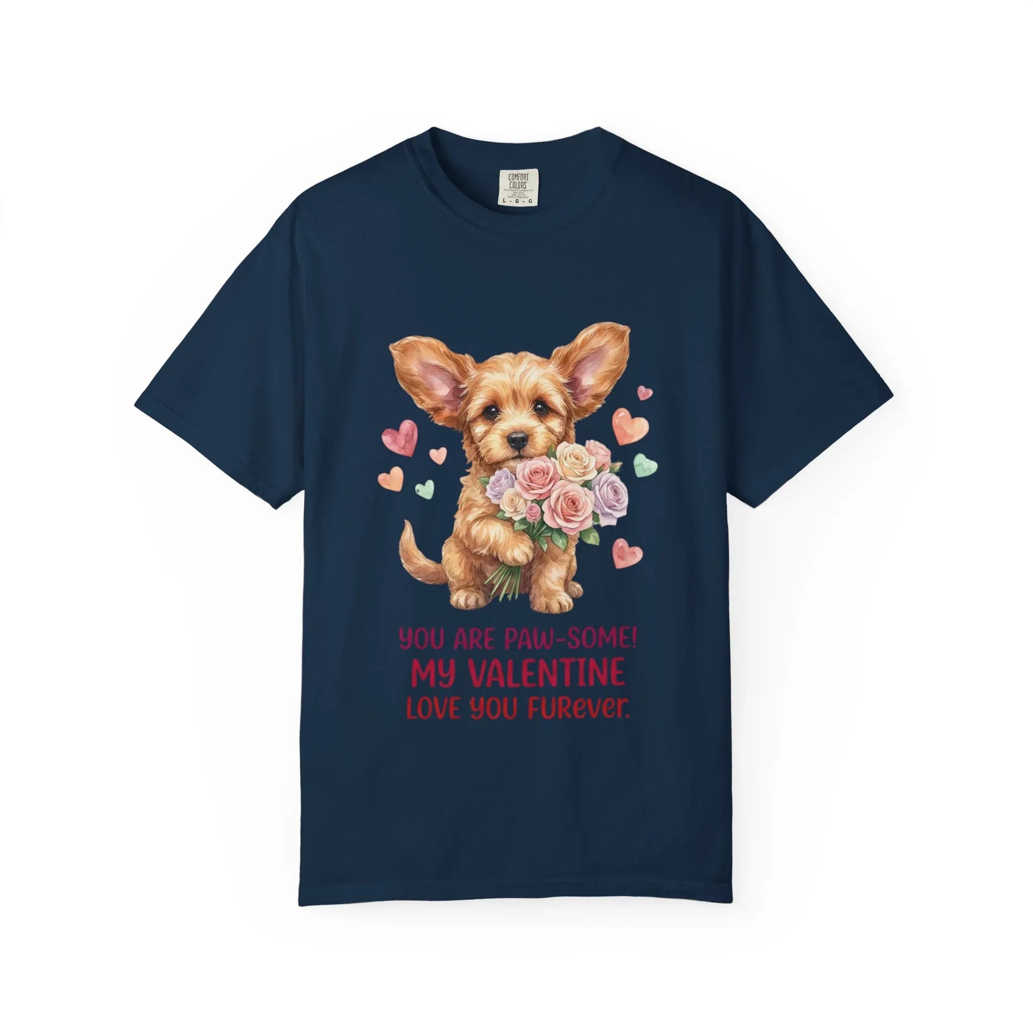 Cute Puppy Holding Roses Valentine T Shirt Paw-some Love You Furever Watercolor Cozy Vintage Aesthetic Gift Dog Lovers Soft Cotton Romantic True Navy