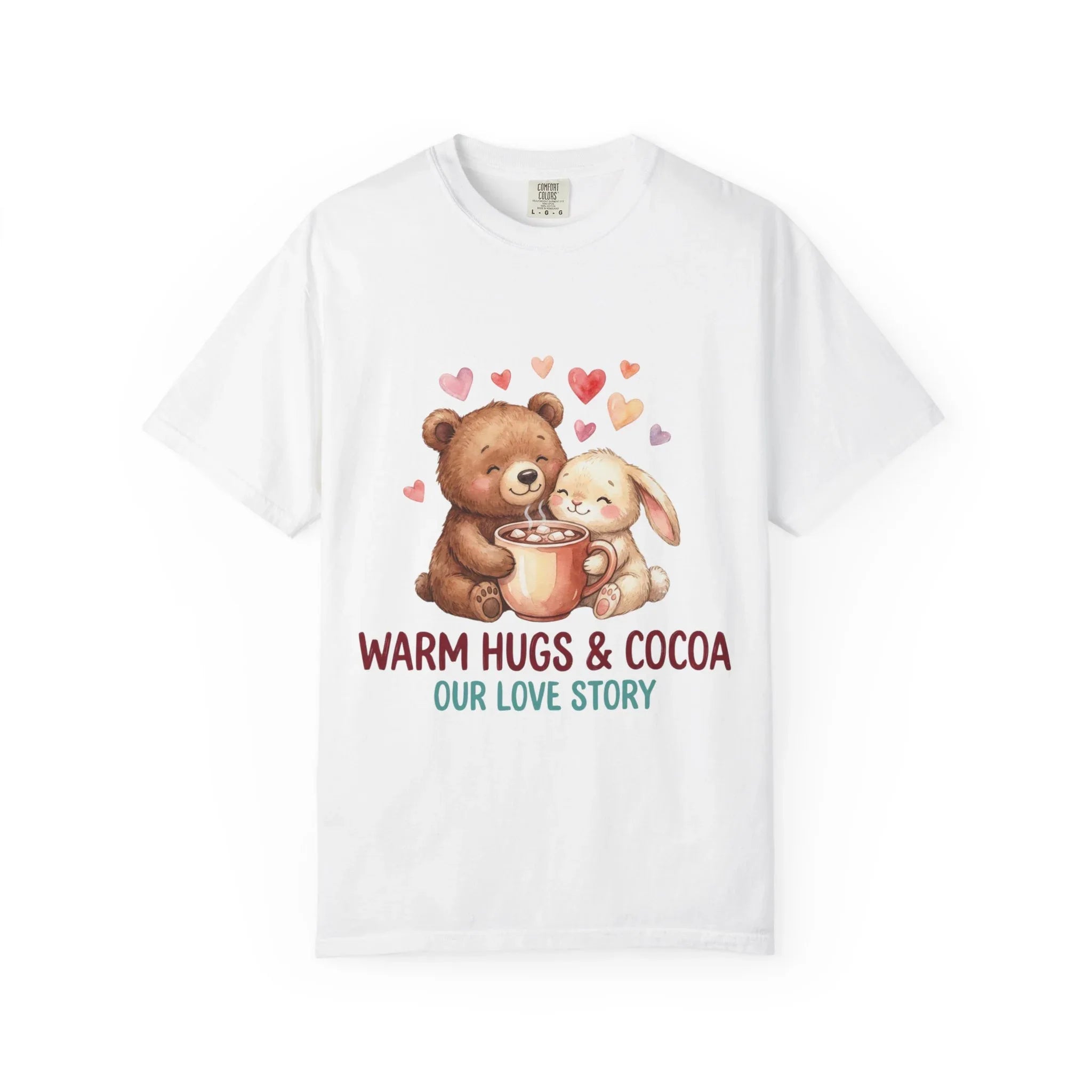 Warm Hugs and Cocoa Our Love Story T-Shirt | Bear Bunny Illustration | Cozy Winter Valentine Gift | Soft Vintage Storybook Tee