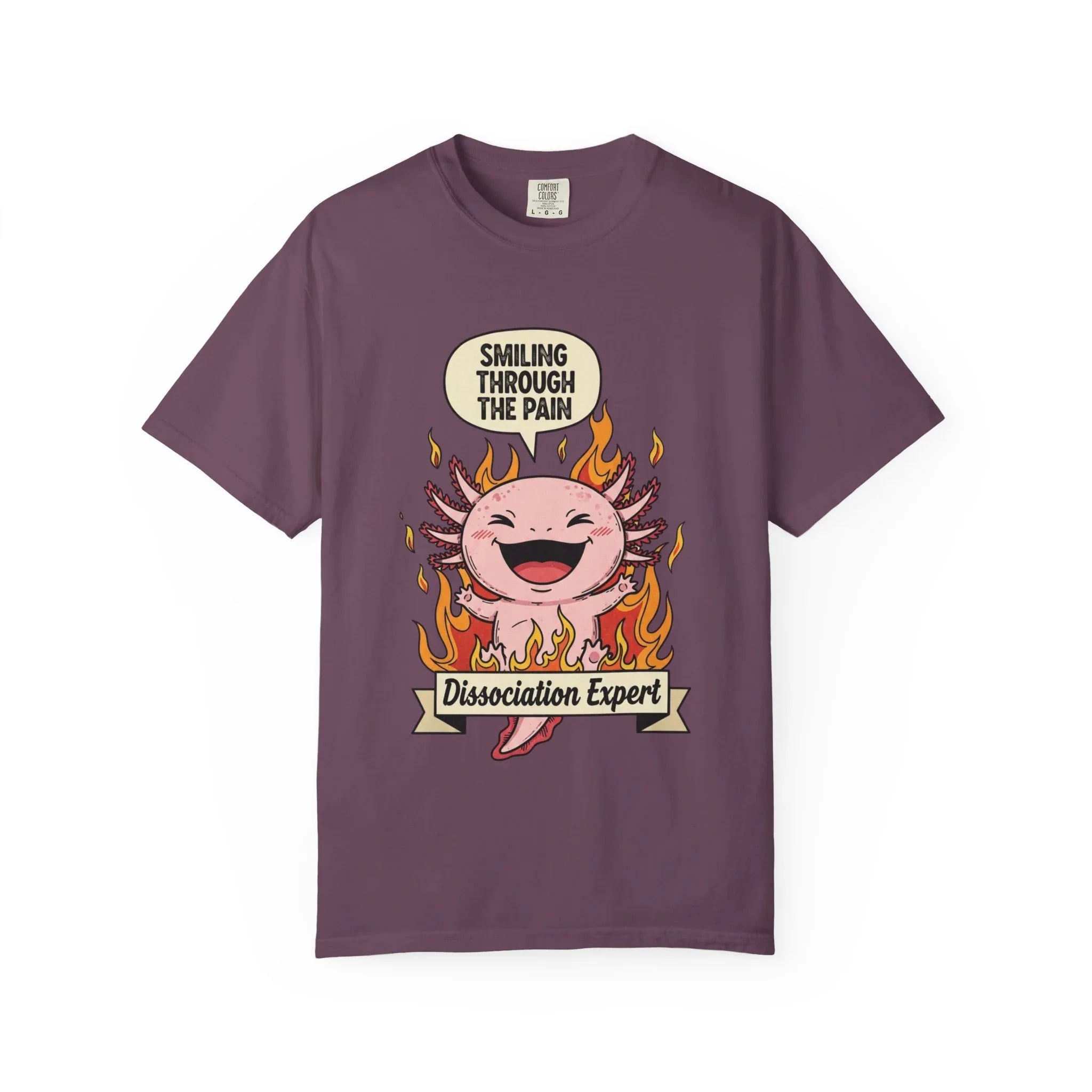 Funny Axolotl Shirt - "Dissociation Expert" Graphic Tee - Smiling Through The Pain Shirt - Mental Health Dark Humor Gift - Vintage Comfort Colors Style Oversized Top Berry M