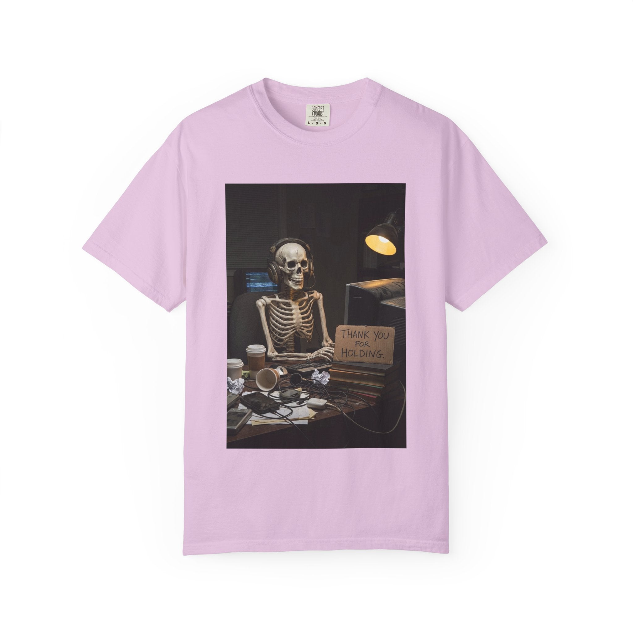 Thank You For Holding Shirt - Skeleton Customer Service Tee - Funny Call Center Humor - Sarcastic Work From Home Gift - Vintage Dark Humor Orchid