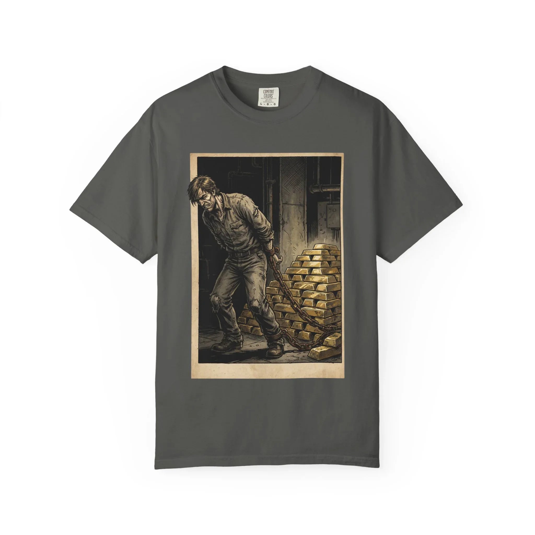 Heavy Gold Chains Satirical Shirt - Gritty Comic Art Tee - "Golden Burden" Wealth Trap Graphic - Vintage Prisoner of Greed Gift - Dark Humor Satire Streetwear Pepper