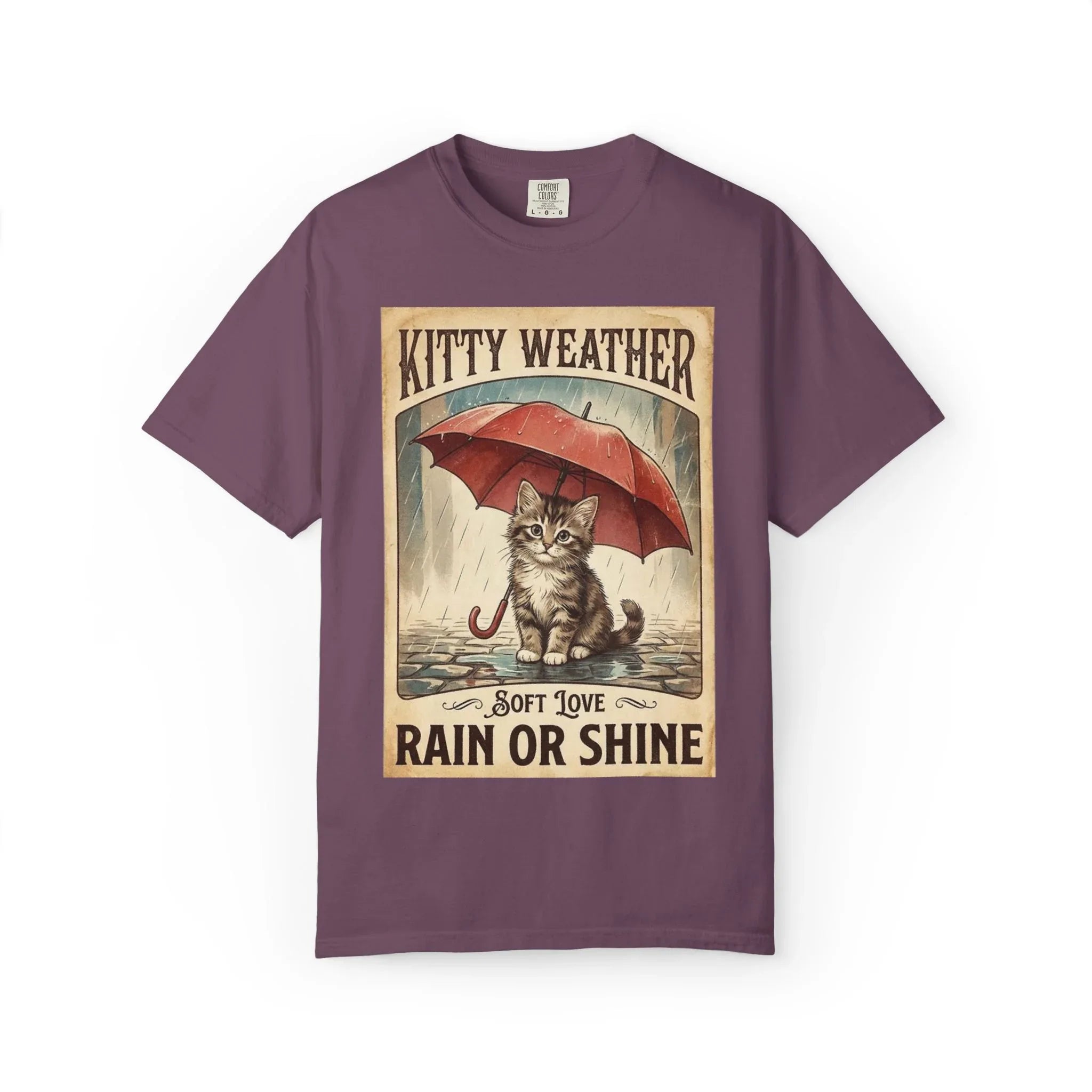 Kitty Weather Rain or Shine Shirt, Umbrella Cat Vintage Poster T-Shirt, Cozy Rainy Day Kitten Tee, Retro Cat Lover Gift Berry M