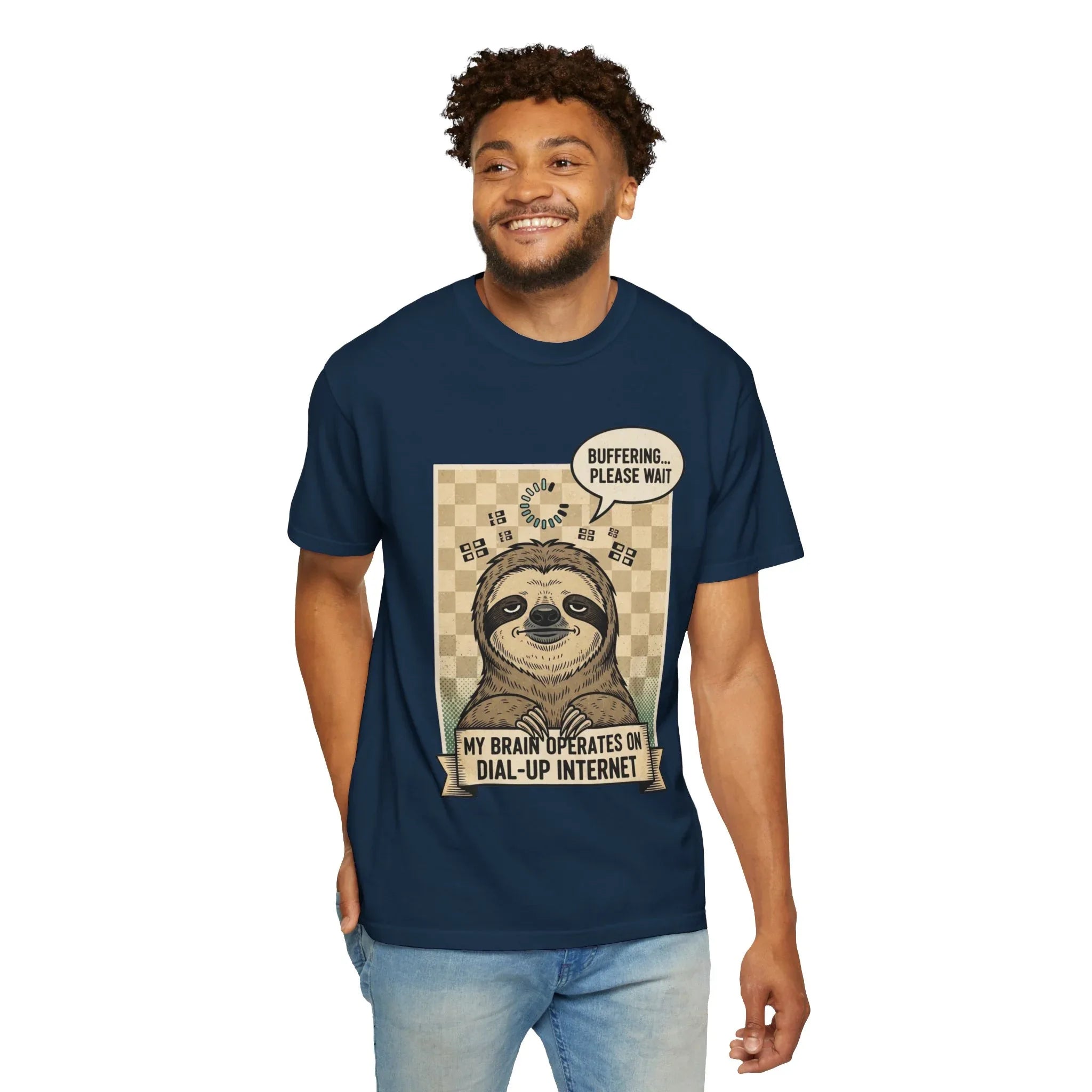 Funny Sloth Shirt Retro 90s Dial-Up Internet Tee Buffering Graphic Tshirt Sarcastic Sloth Lover Gift Vintage Style Comfort Colors Tee True Navy