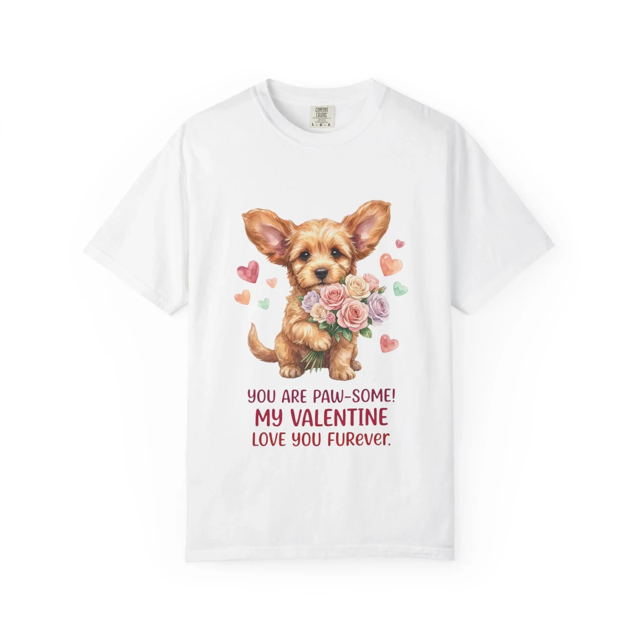 Cute Puppy Holding Roses Valentine T Shirt Paw-some Love You Furever Watercolor Cozy Vintage Aesthetic Gift Dog Lovers Soft Cotton Romantic