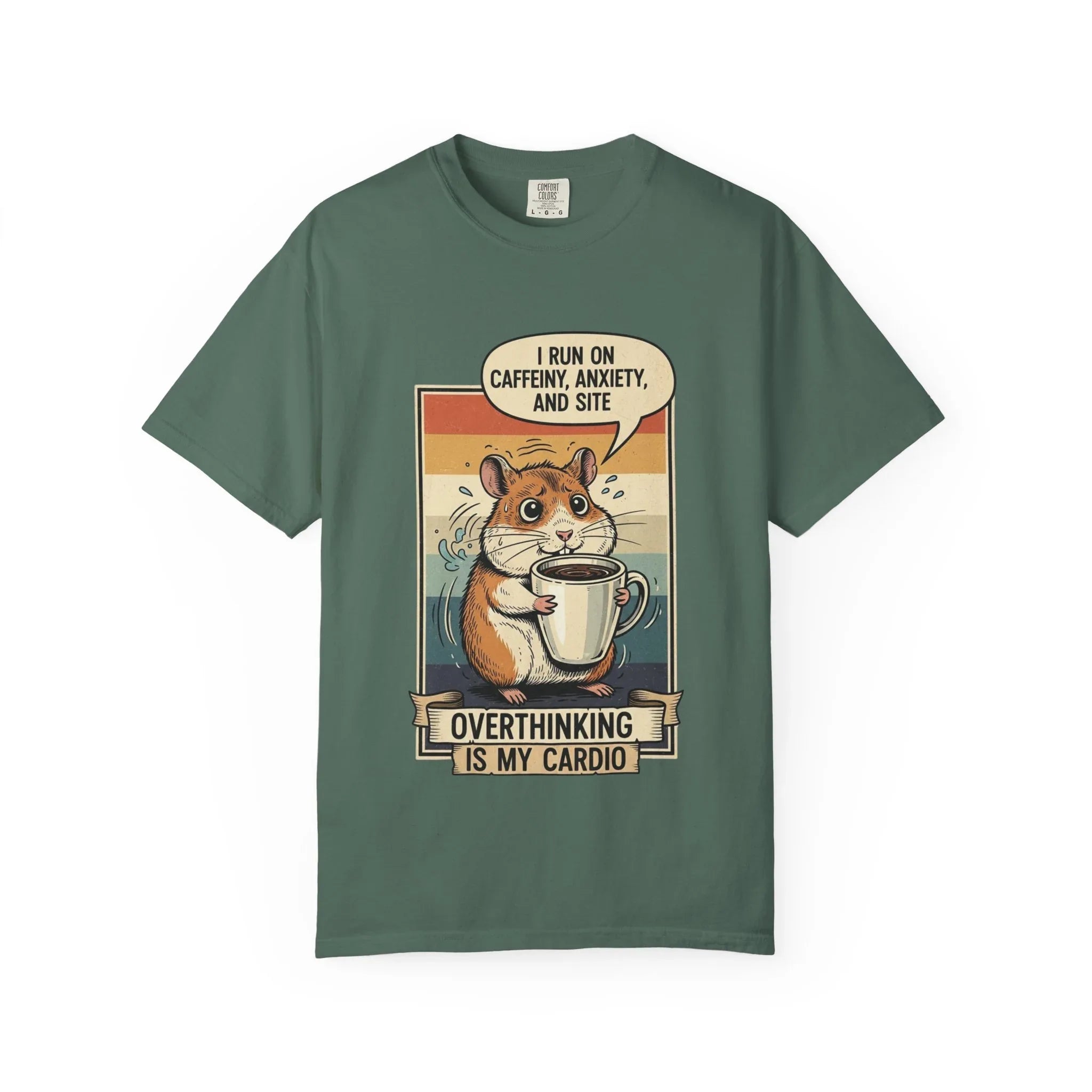 Funny Overthinking Hamster T-Shirt - "Overthinking is My Cardio" Retro Coffee Lover Gift - Sarcastic Mental Health Tee - Vintage Hamster Mom & Dad Gift - Nervous Animal Graphic Top Blue Spruce