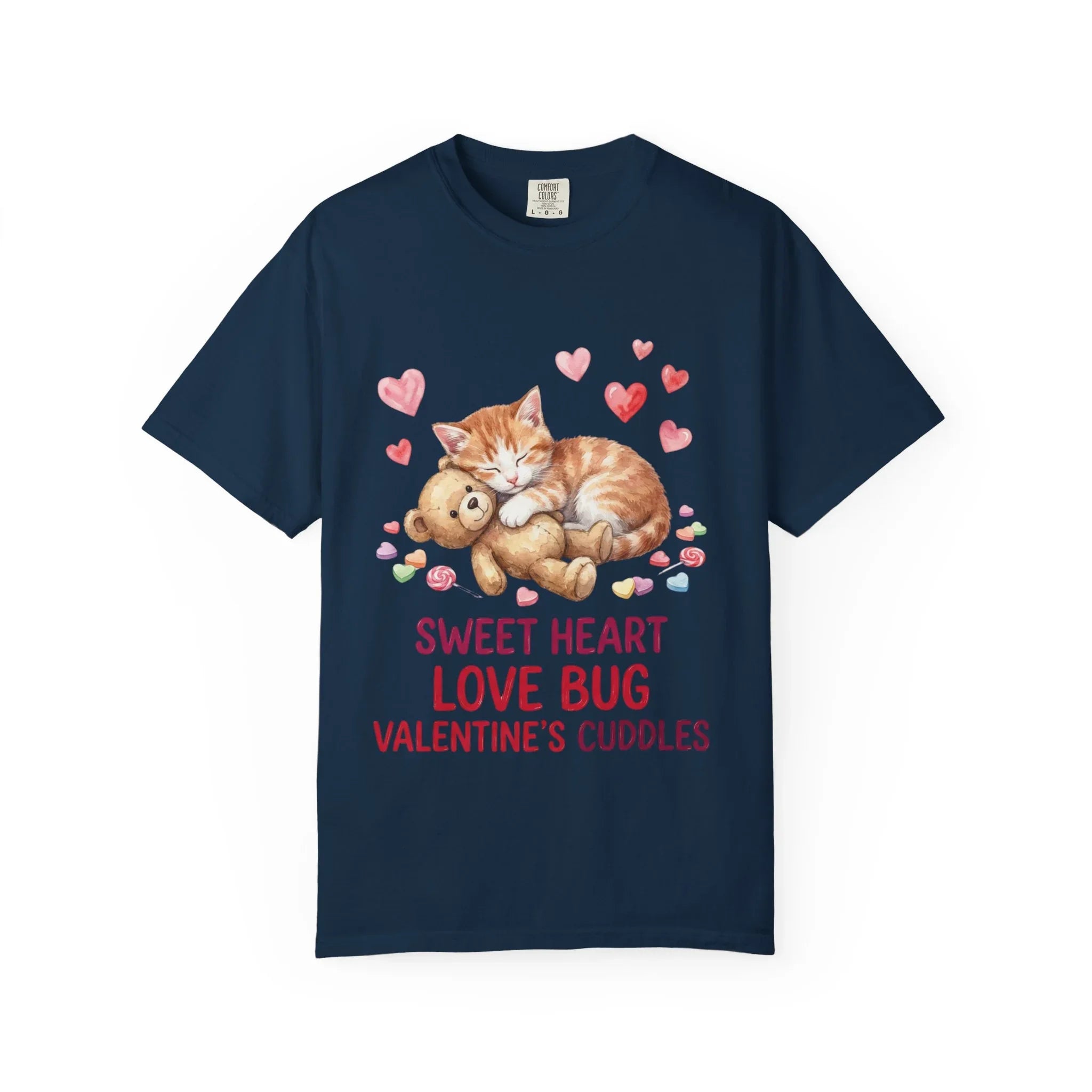 Sleeping Kitten with Teddy Bear Valentine T-Shirt | Sweetheart Love Bug Cuddles | Cozy Vintage Aesthetic | Cute Romantic Gift True Navy