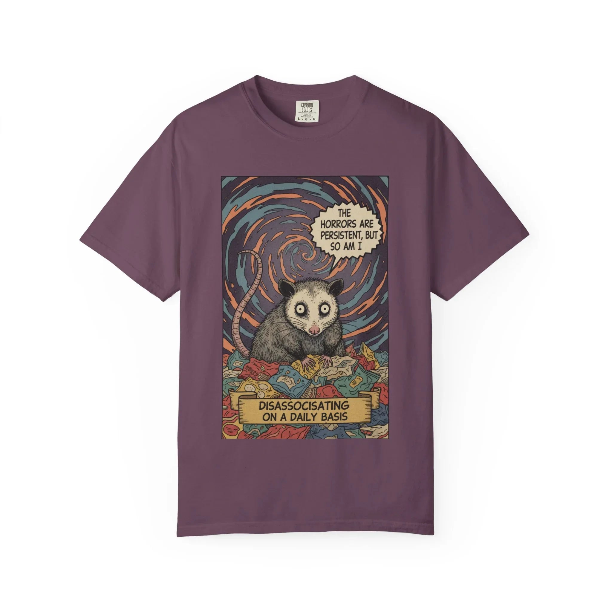 Funny Opossum Shirt The Horrors Are Persistent But So Am I T-Shirt Dissociating Daily Meme Gift Retro Possum Art Weirdcore Graphic Tee Berry M
