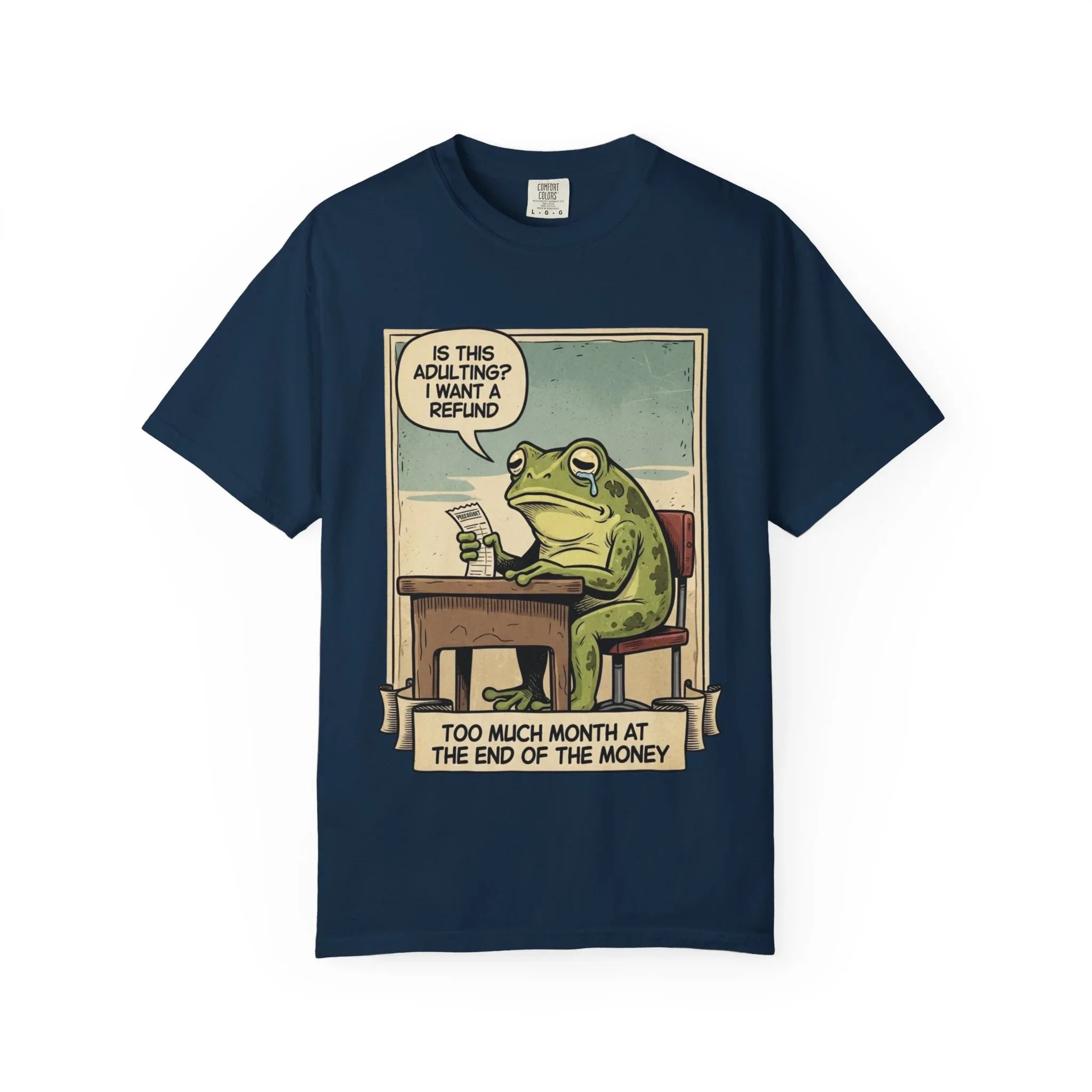 Funny Adulting Shirt - Sad Frog Meme Hoodie - "Too Much Month at the End of My Money" Sweatshirt - Vintage Aesthetic Millennial Financial Humor - Relatable Broke Friend Gift True Navy
