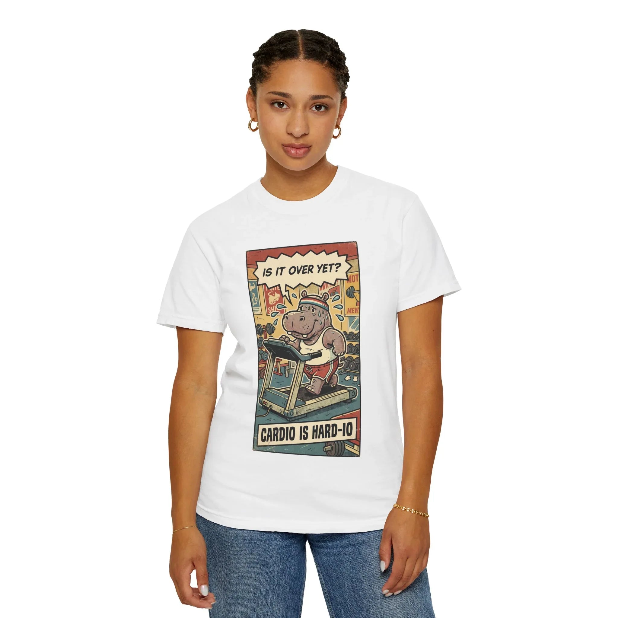 Funny Hippo Cardio Shirt - "Cardio is Hard-io" Retro Gym Tee - Vintage Sarcastic Workout T-Shirt - Humorous Exercise Fitness Gift - Distressed Comic Style Streetwear