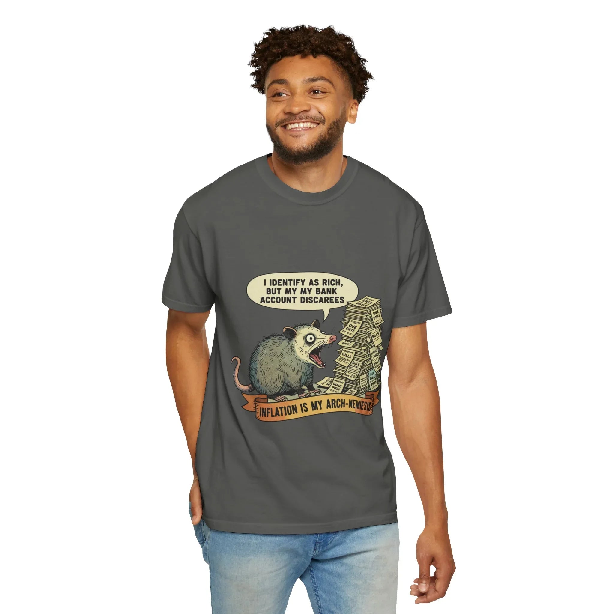 Funny Opossum Shirt - "Inflation Is My Arch-Nemesis" Tee - Relatable Financial Meme Gift - Sarcastic Possum T-Shirt - Screaming Trash Animal Budgeting Top Pepper