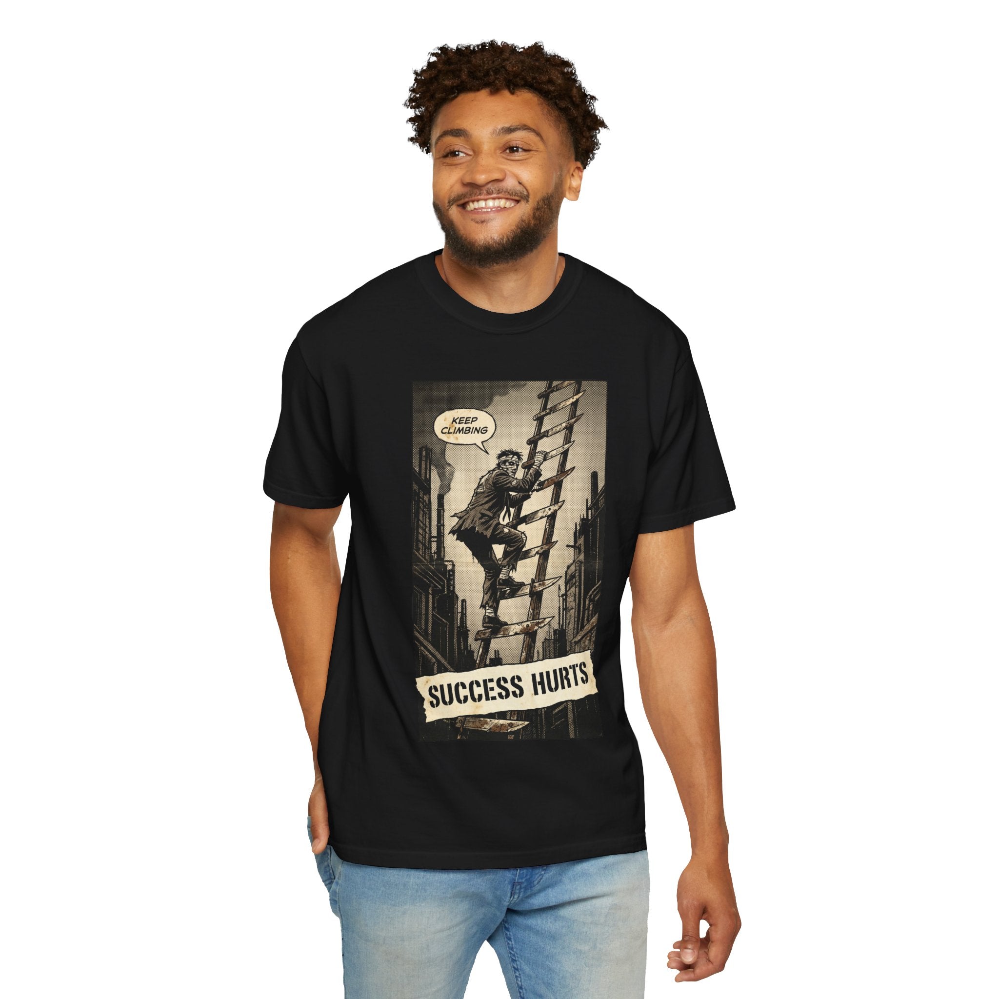 Success Hurts T-Shirt - Keep Climbing Vintage Comic Tee - Motivational Streetwear - Edgy Hustle Culture Shirt - Grunge Aesthetic Apparel Black