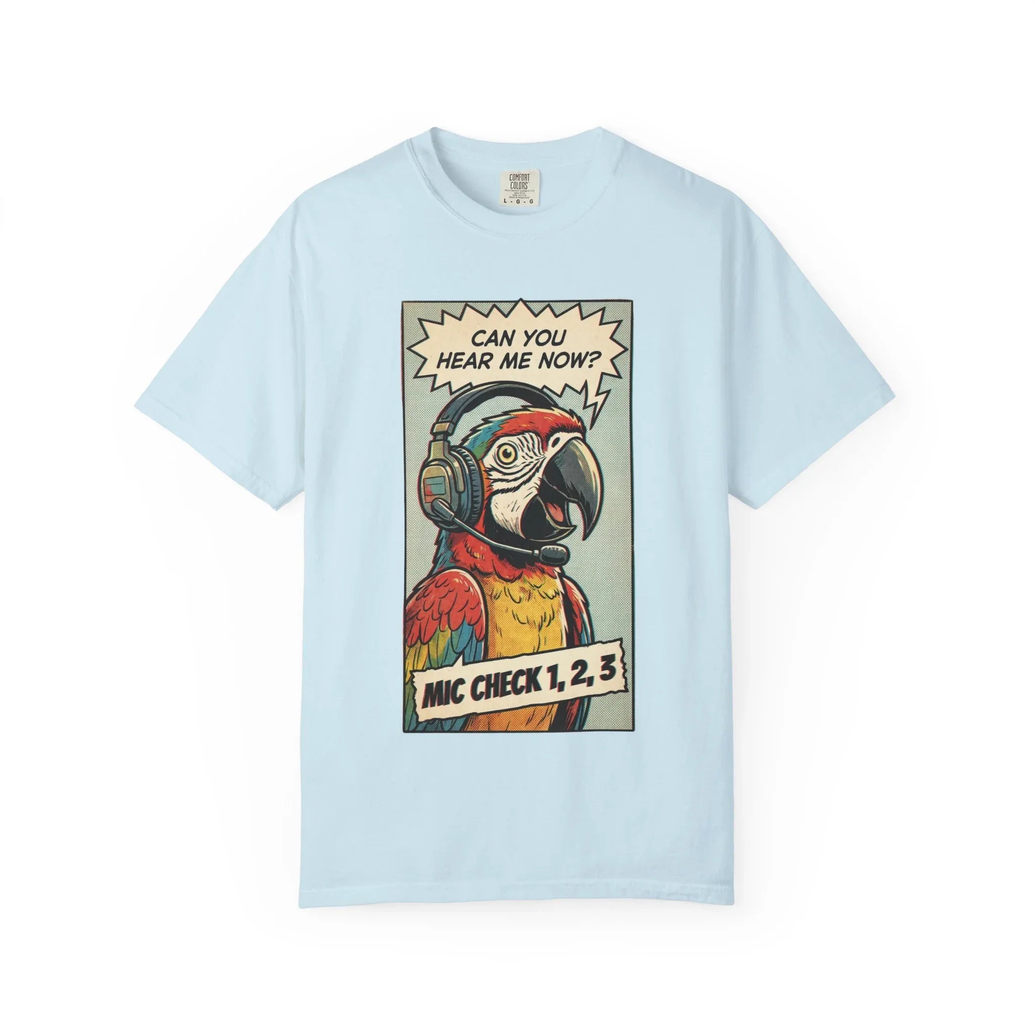 Funny Parrot Gamer Shirt - Vintage Comic Pop Art T-Shirt - Retro Macaw Bird "Mic Check" Graphic Tee - Sarcastic Podcast & Streamer Gift - Aesthetic Bird Lover Streetwear Chambray