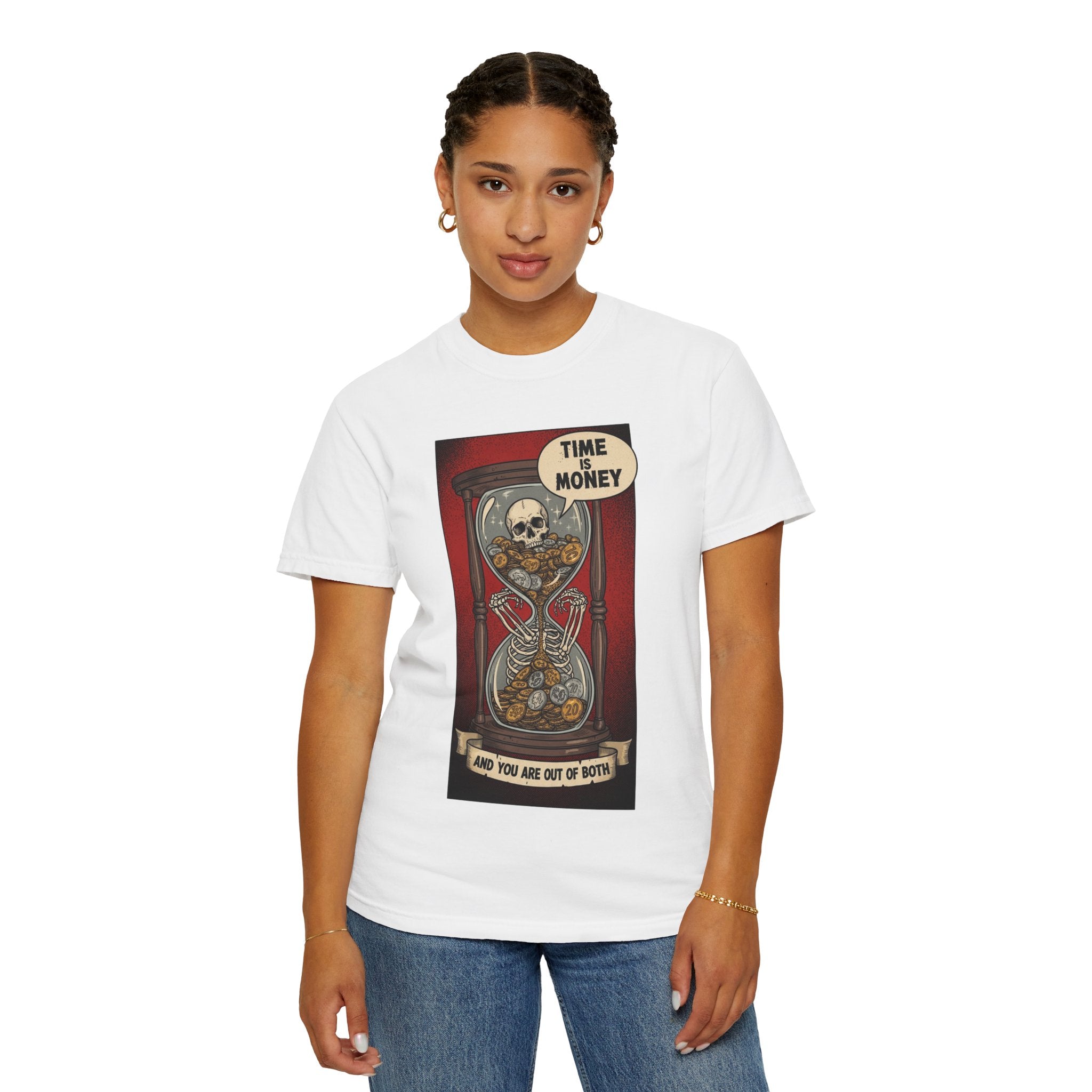 Time is Money and You Are Out of Both Skeleton T-Shirt Vintage Hourglass Skull Graphic Tee Dark Humor Sarcastic Aesthetic Shirt