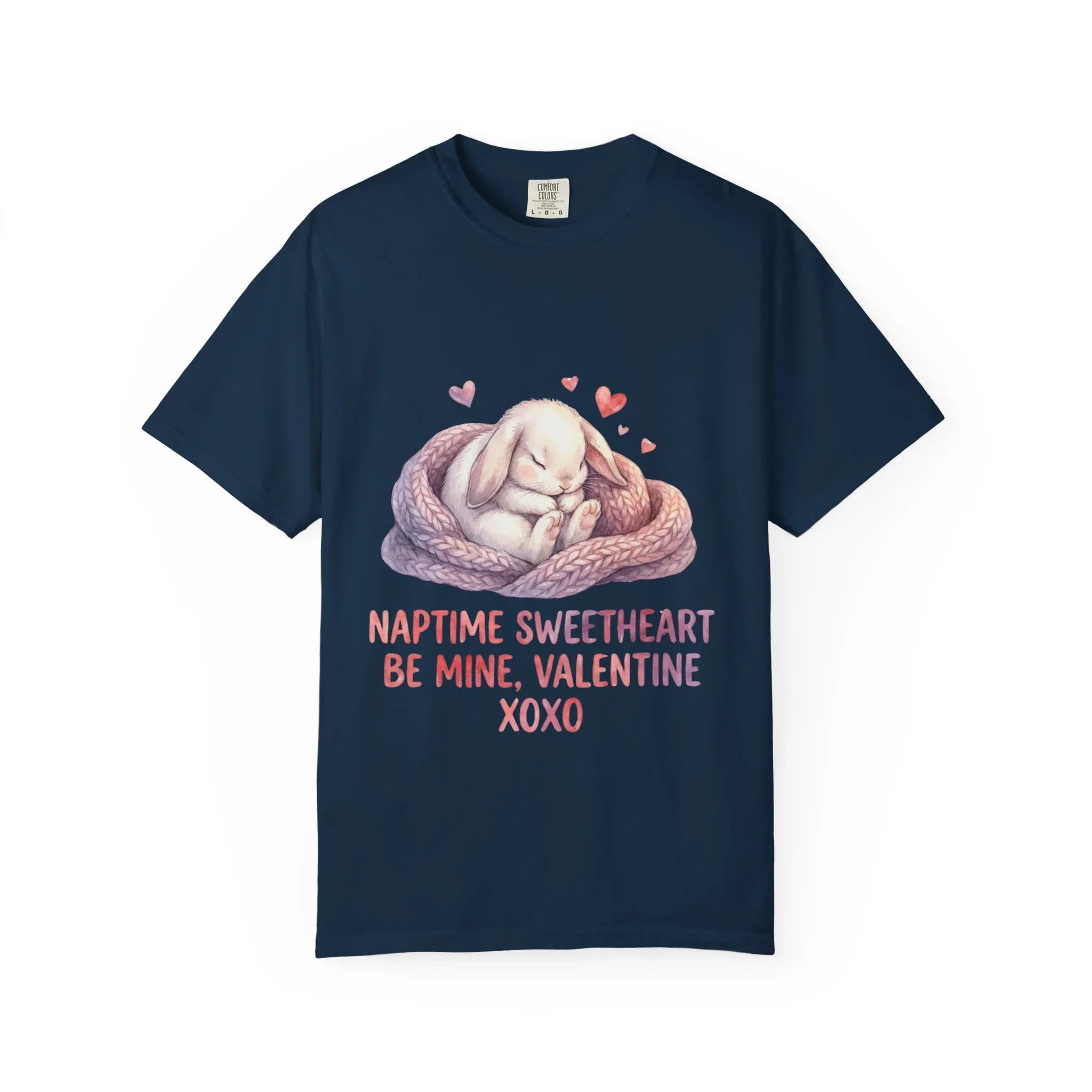 Sleeping Bunny Nest Valentine T Shirt Naptime Sweetheart Be Mine XOXO Watercolor Cozy Vintage Aesthetic Gift Bunny Lovers Romantic Tee True Navy