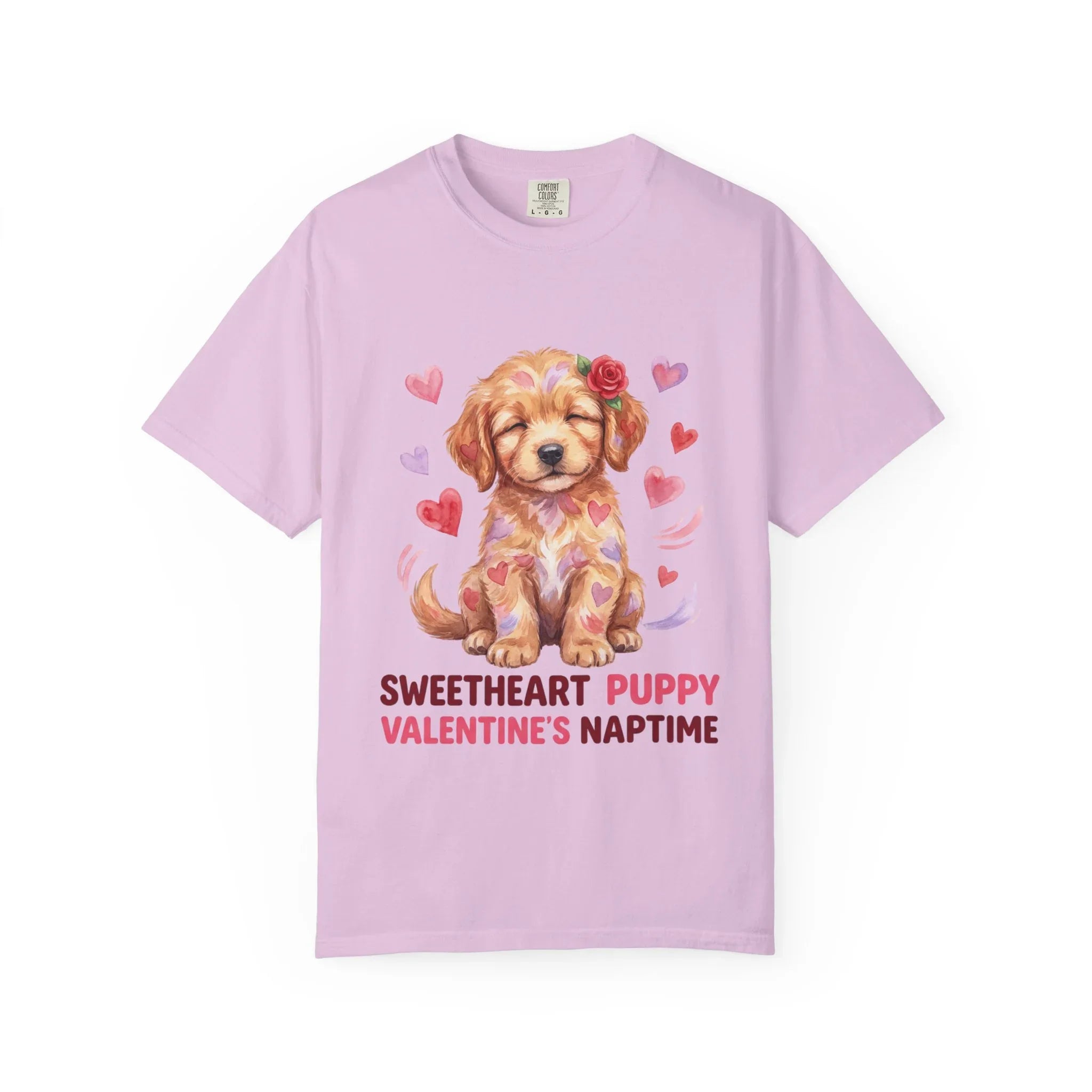 Sweetheart Puppy Valentines Naptime T Shirt Cute Watercolor Dog Art Cozy Vintage Aesthetic Gift for Dog Lovers Soft Cotton Retro Valentines Orchid