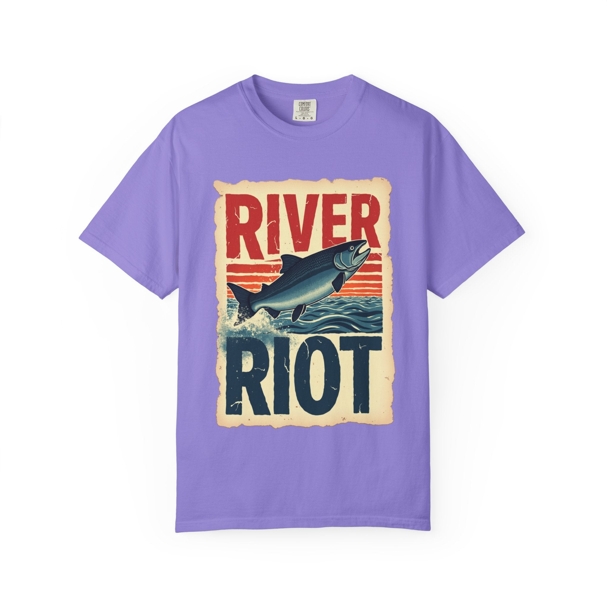 River Riot Salmon T-Shirt, Retro Fishing Graphic Tee, Vintage Fish Poster Design, Leaping Salmon Sunburst Stripes, Unisex Garment-Dyed Violet