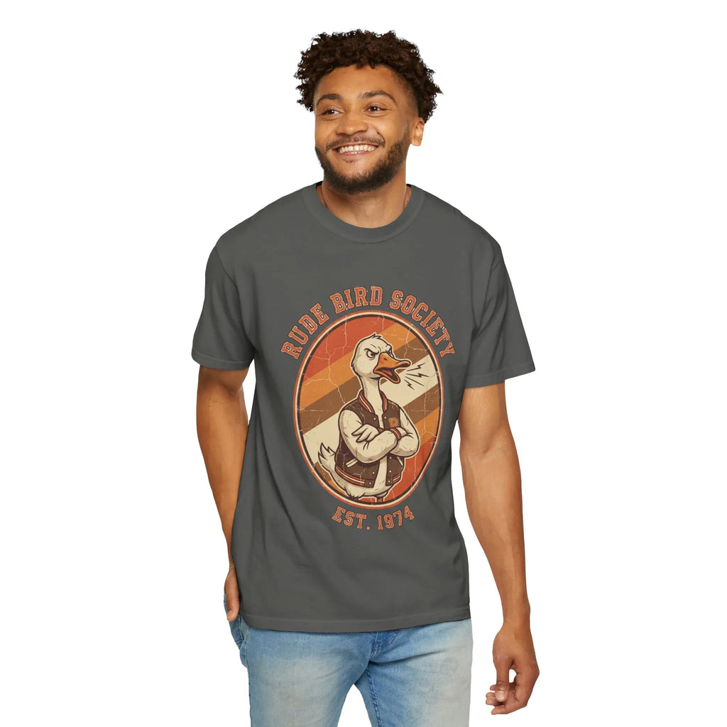 Dude Bird Society Goose T-Shirt | Retro Vintage Badge Est 1974 | Sunset Stripes Graphic | Garment-Dyed Heavyweight Unisex