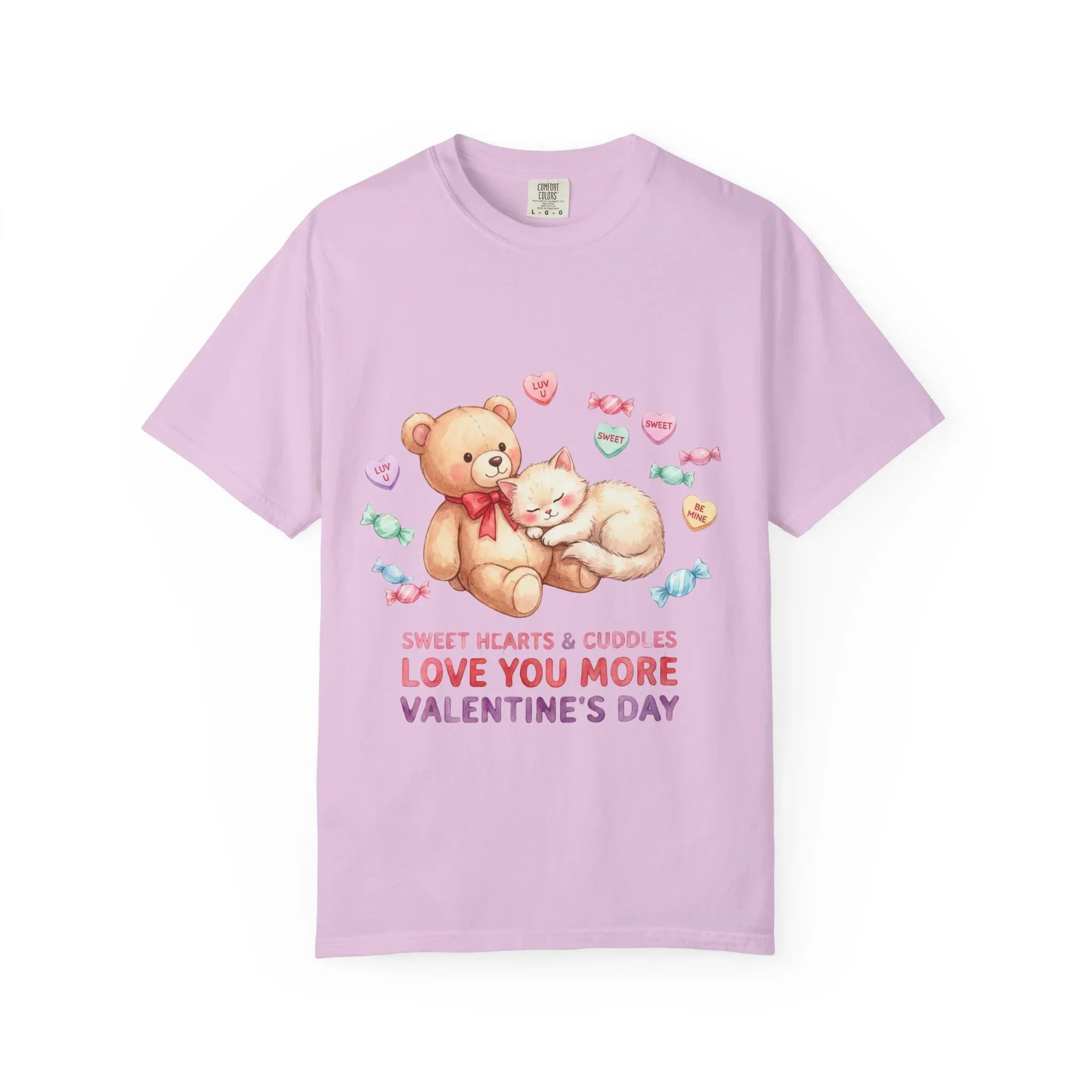 Cute Bear and Kitten Valentine T-shirt | Vintage Soft Love Tee | Couple Gift | Aesthetic Comfort Shirt | Retro Candy Heart Design Orchid