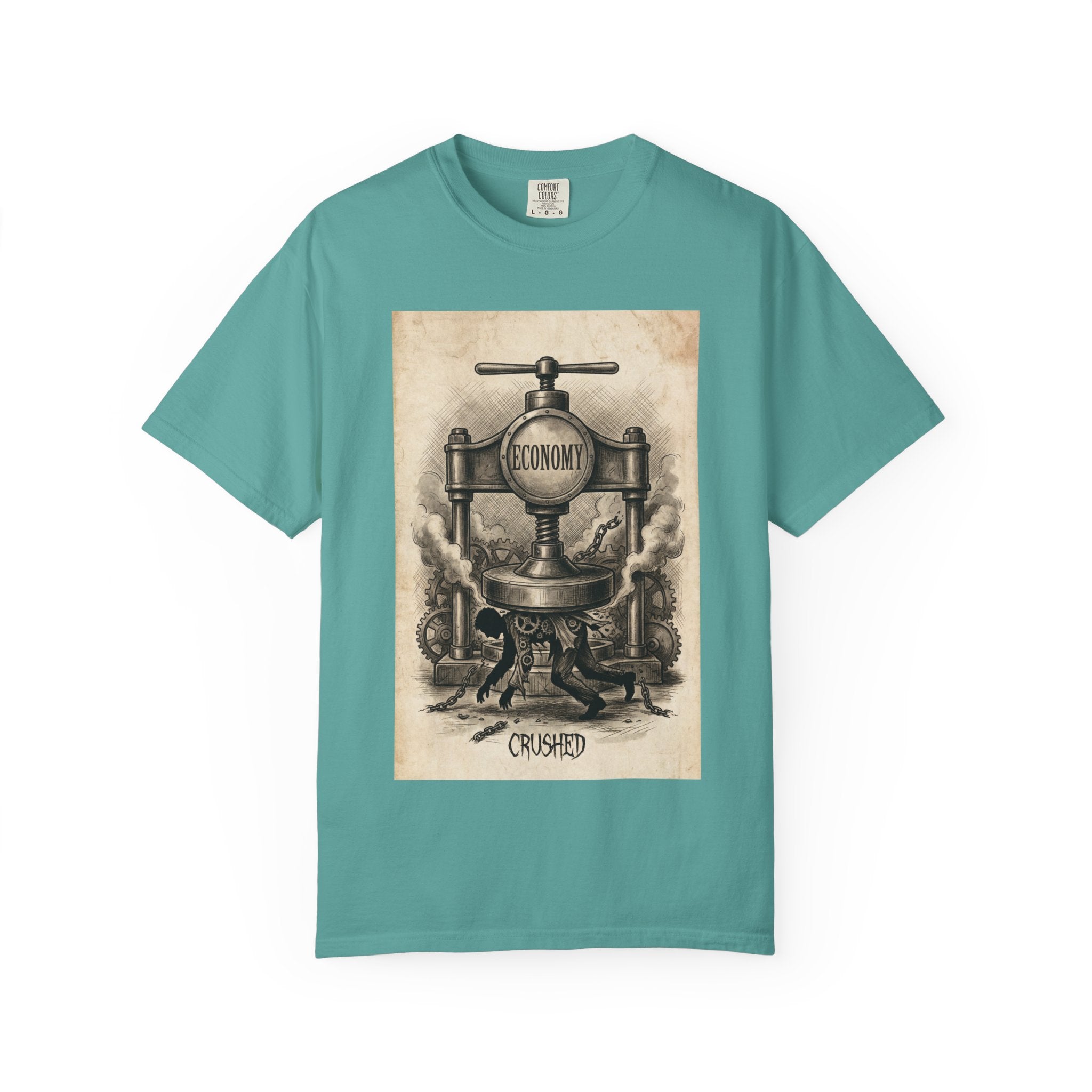 Vintage Economy Press T-Shirt | Retro Industrial Satire Tee | Dark Academia Social Comment Art Shirt | Gift for Philosophy & Economics Lovers" Seafoam