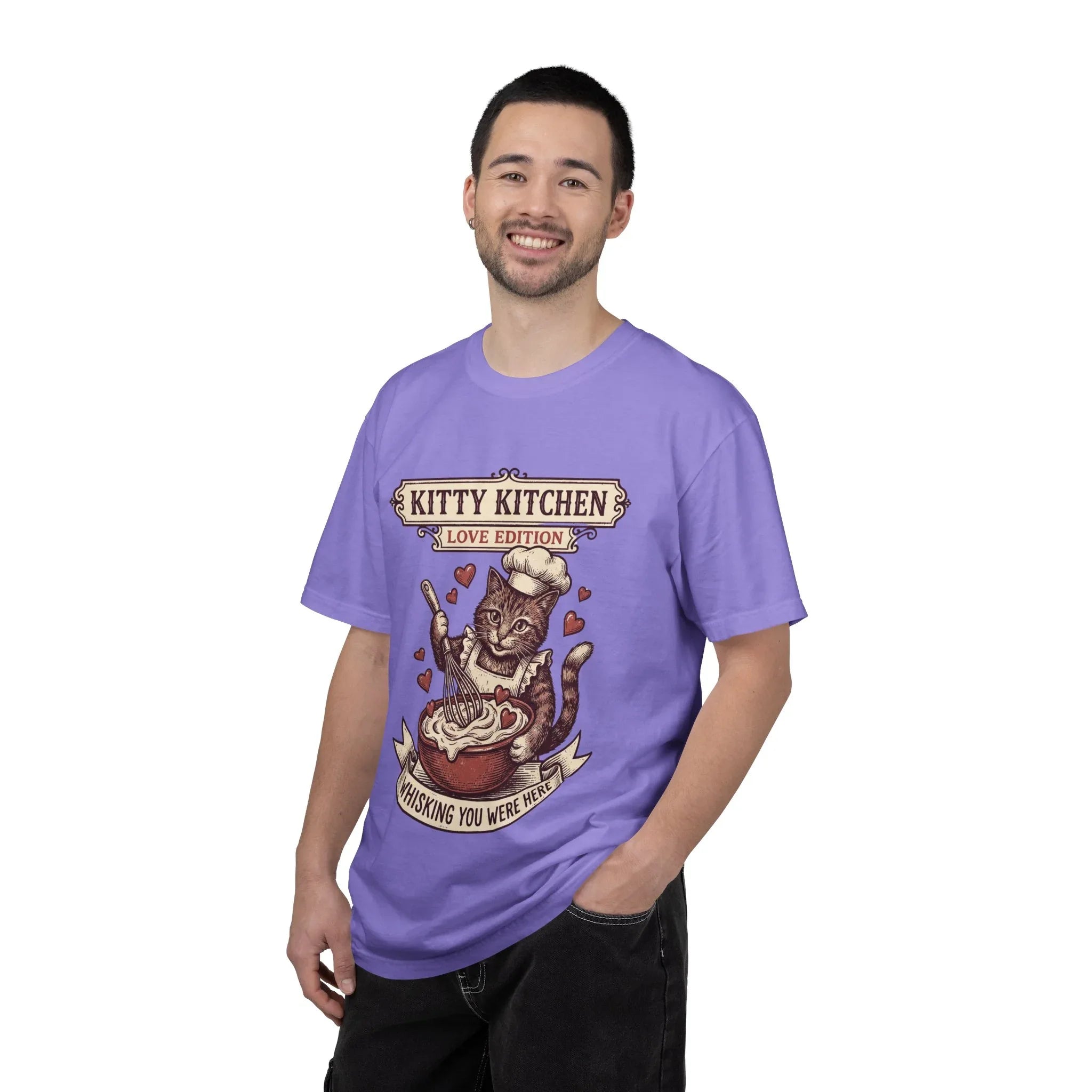 Kitty Kitchen Love T-Shirt | Vintage Cat Chef Whisking You Were Here Graphic Tee