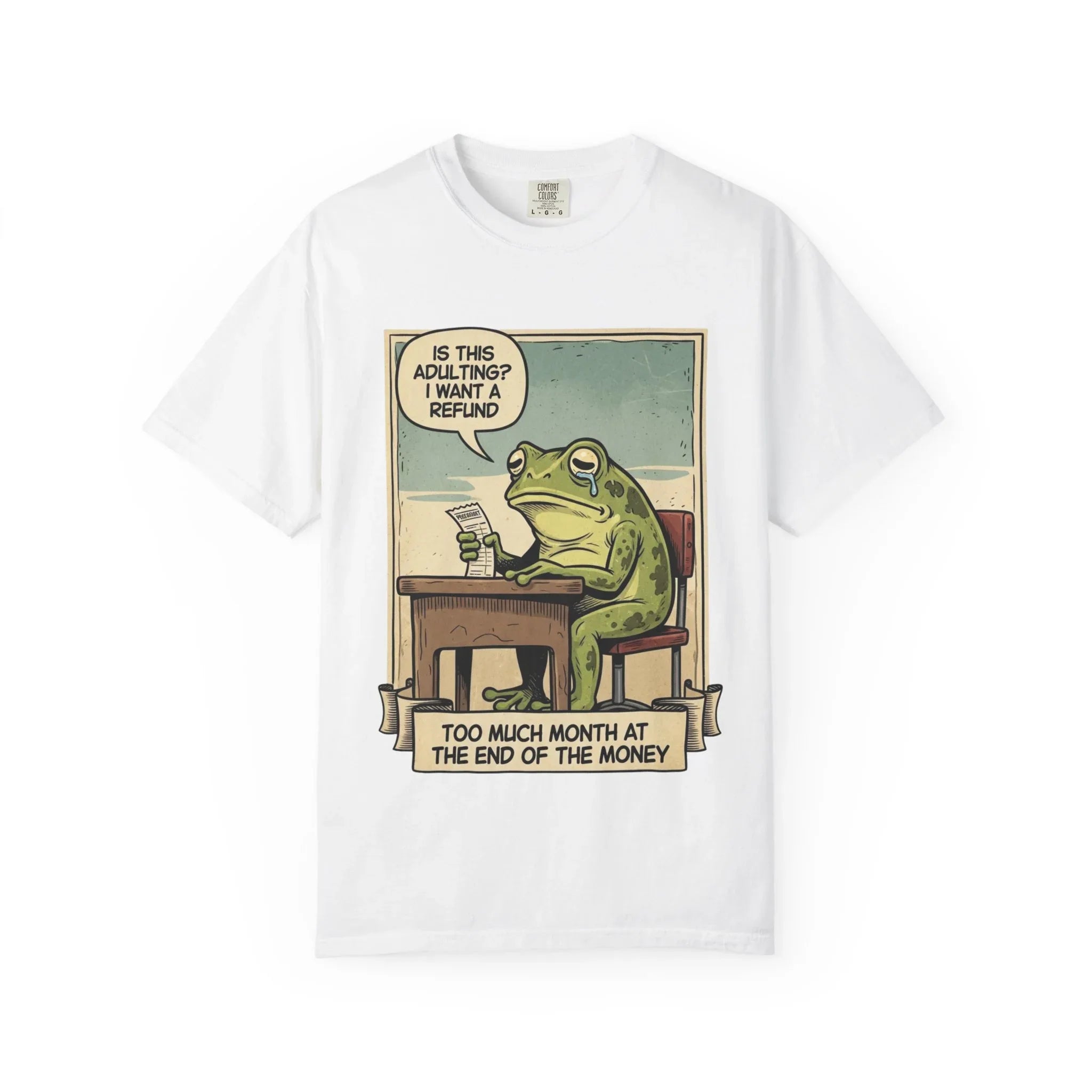 Funny Adulting Shirt - Sad Frog Meme Hoodie - "Too Much Month at the End of My Money" Sweatshirt - Vintage Aesthetic Millennial Financial Humor - Relatable Broke Friend Gift