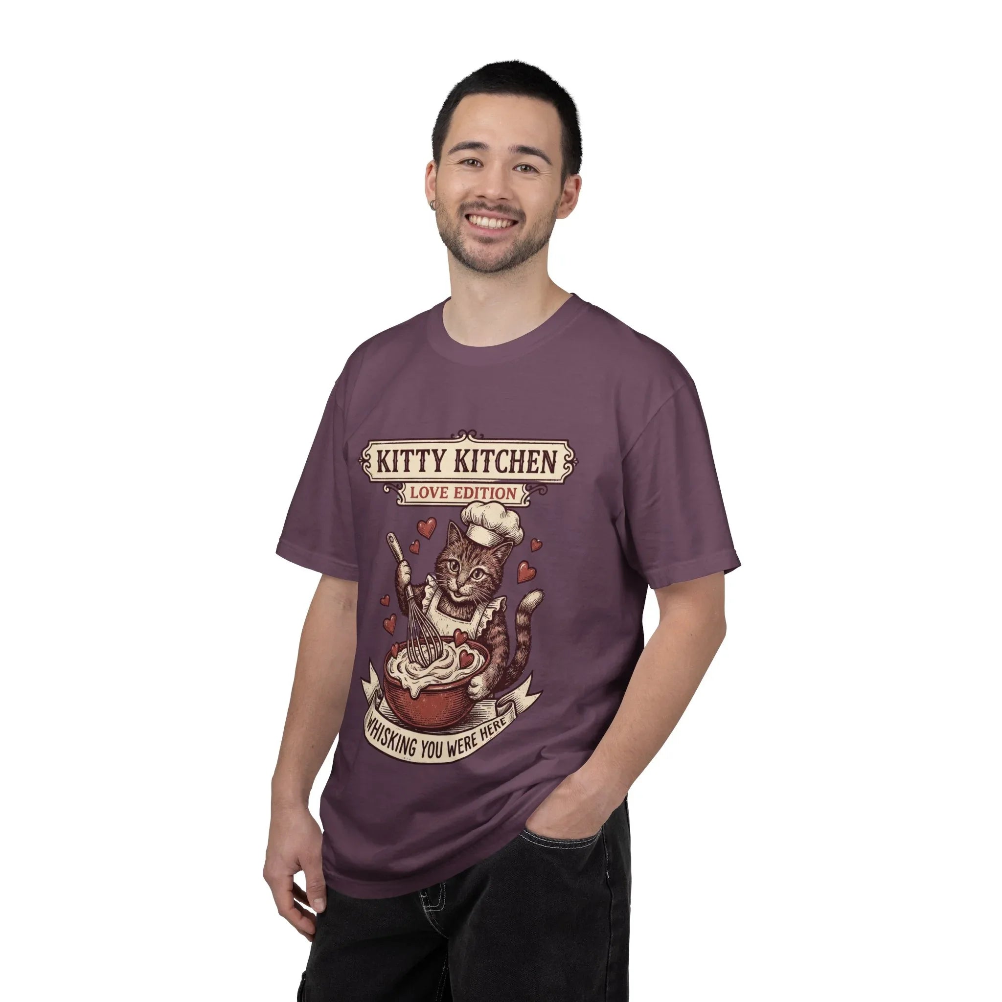 Kitty Kitchen Love T-Shirt | Vintage Cat Chef Whisking You Were Here Graphic Tee