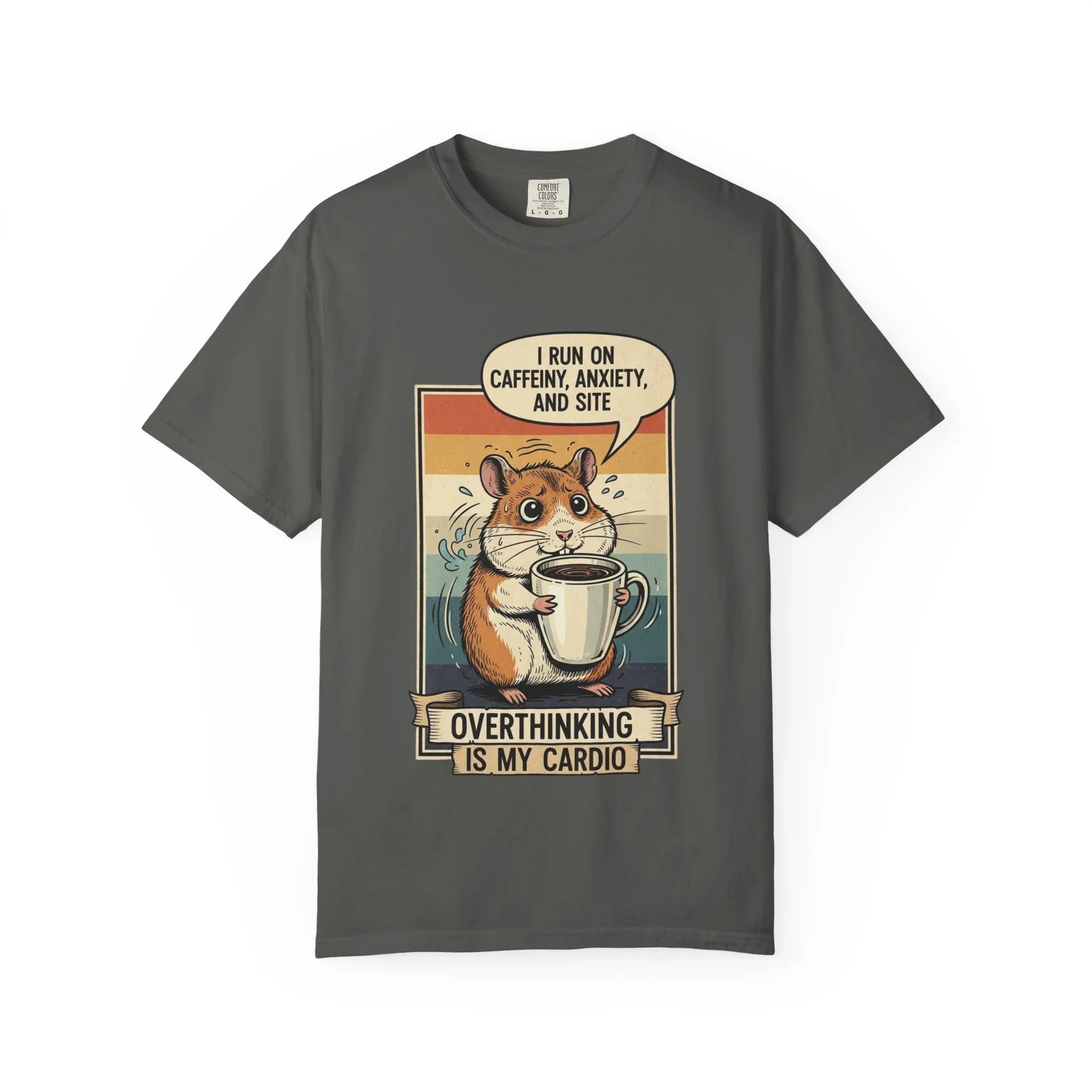 Funny Overthinking Hamster T-Shirt - "Overthinking is My Cardio" Retro Coffee Lover Gift - Sarcastic Mental Health Tee - Vintage Hamster Mom & Dad Gift - Nervous Animal Graphic Top Pepper