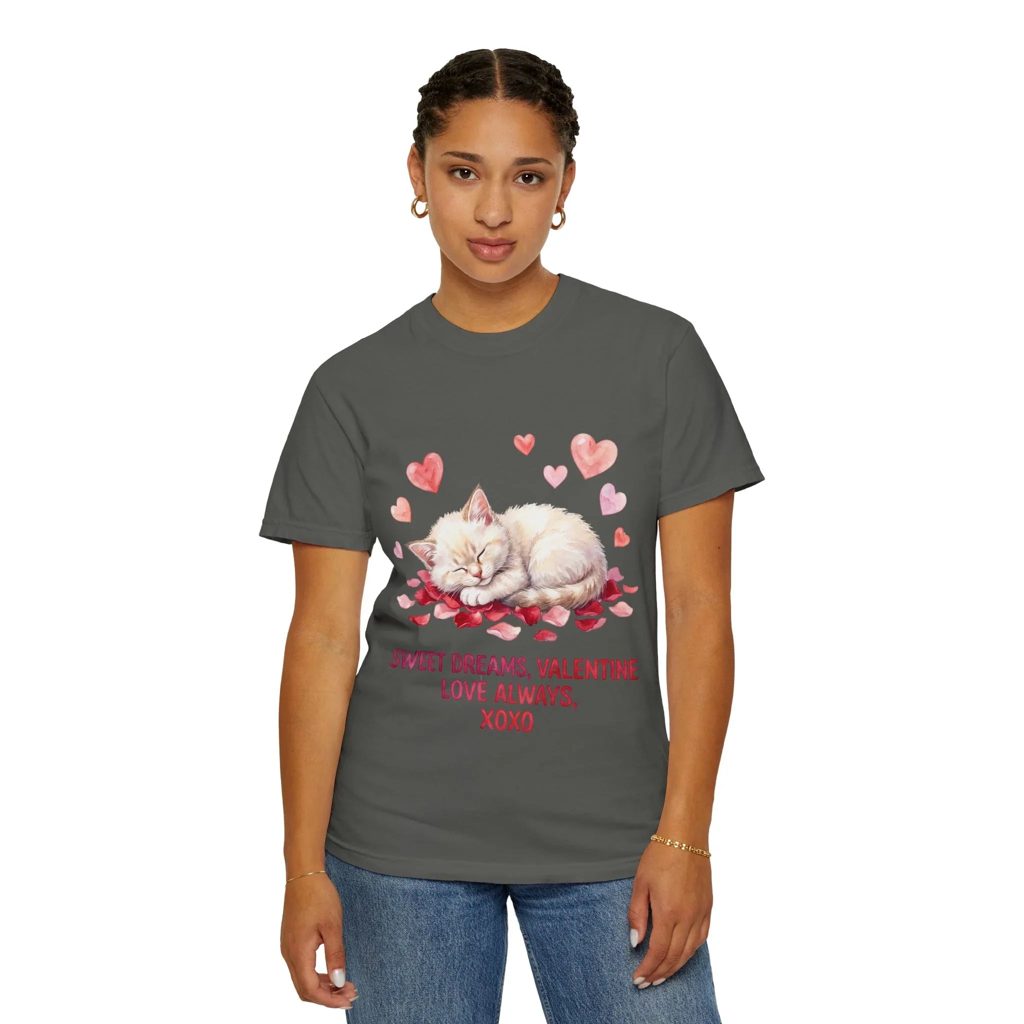 Sweet Dreams Valentine Kitten T Shirt Cute Sleeping Cat Hearts Watercolor Cozy Aesthetic Gift for Cat Lovers Soft VintageCotton Romantic Tee