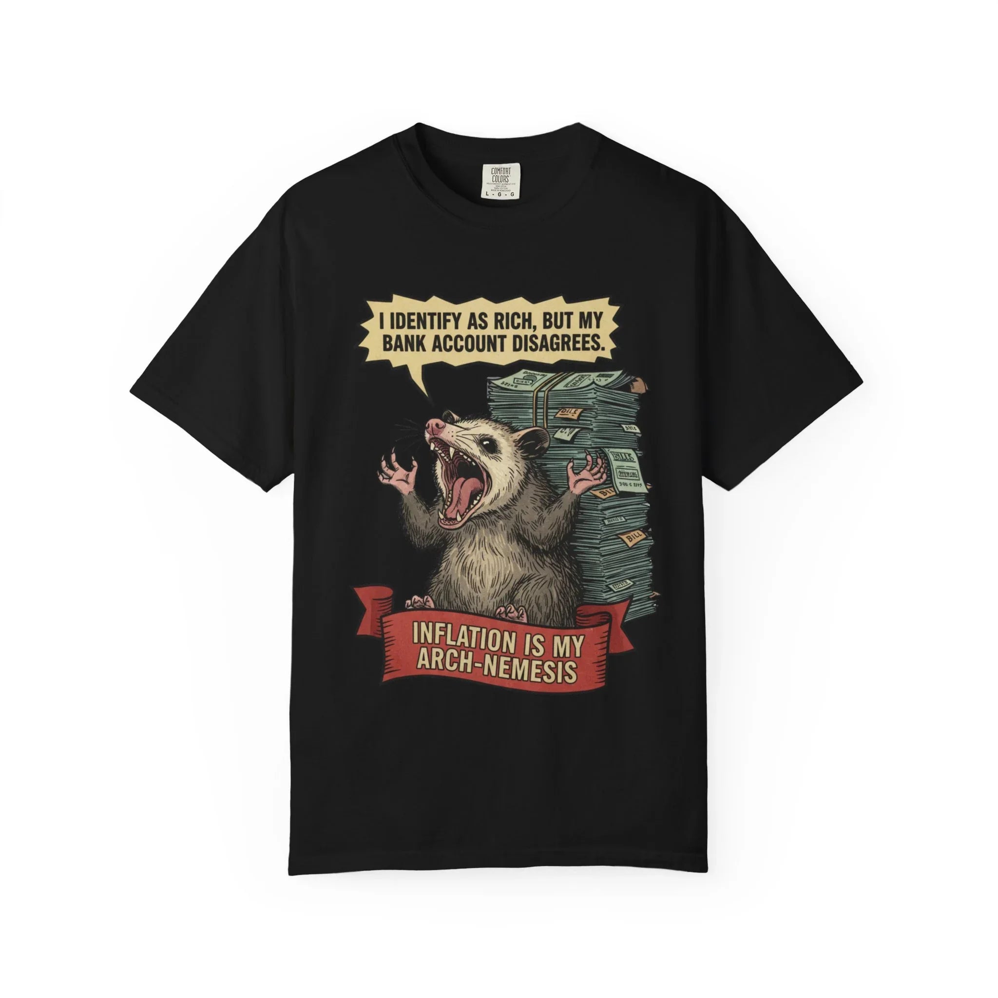 Funny Opossum Shirt - "I Identify As Rich" Inflation Meme Gift - Screaming Possum Hoodie - Relatable Money Humor T-Shirt - Vintage Style Animal Top Black