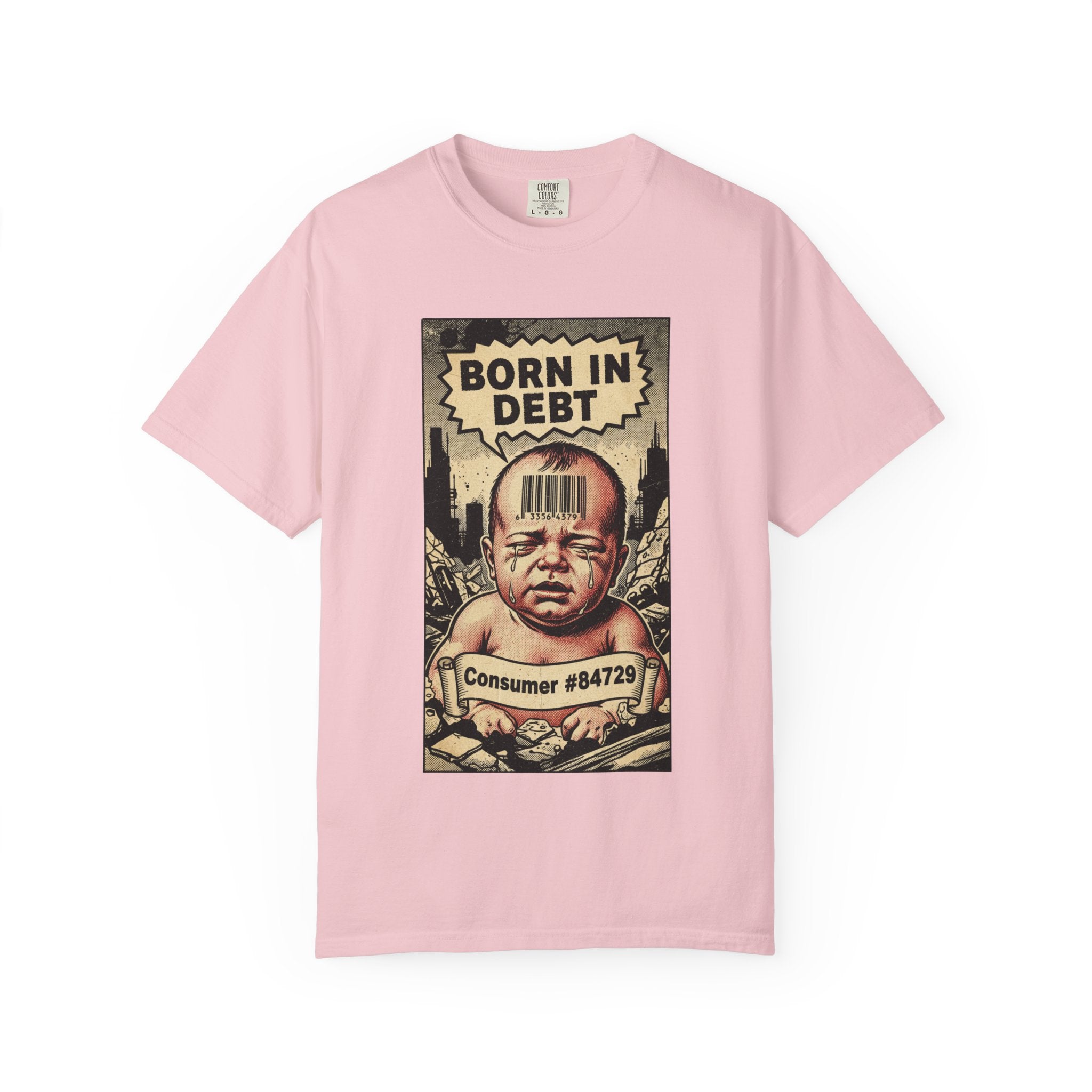 Born In Debt Shirt Vintage Comic Graphic Tee Anti Capitalism Satire Social Commentary Gift Retro Consumerism Dark Humor Streetwear T-Shirt Blossom