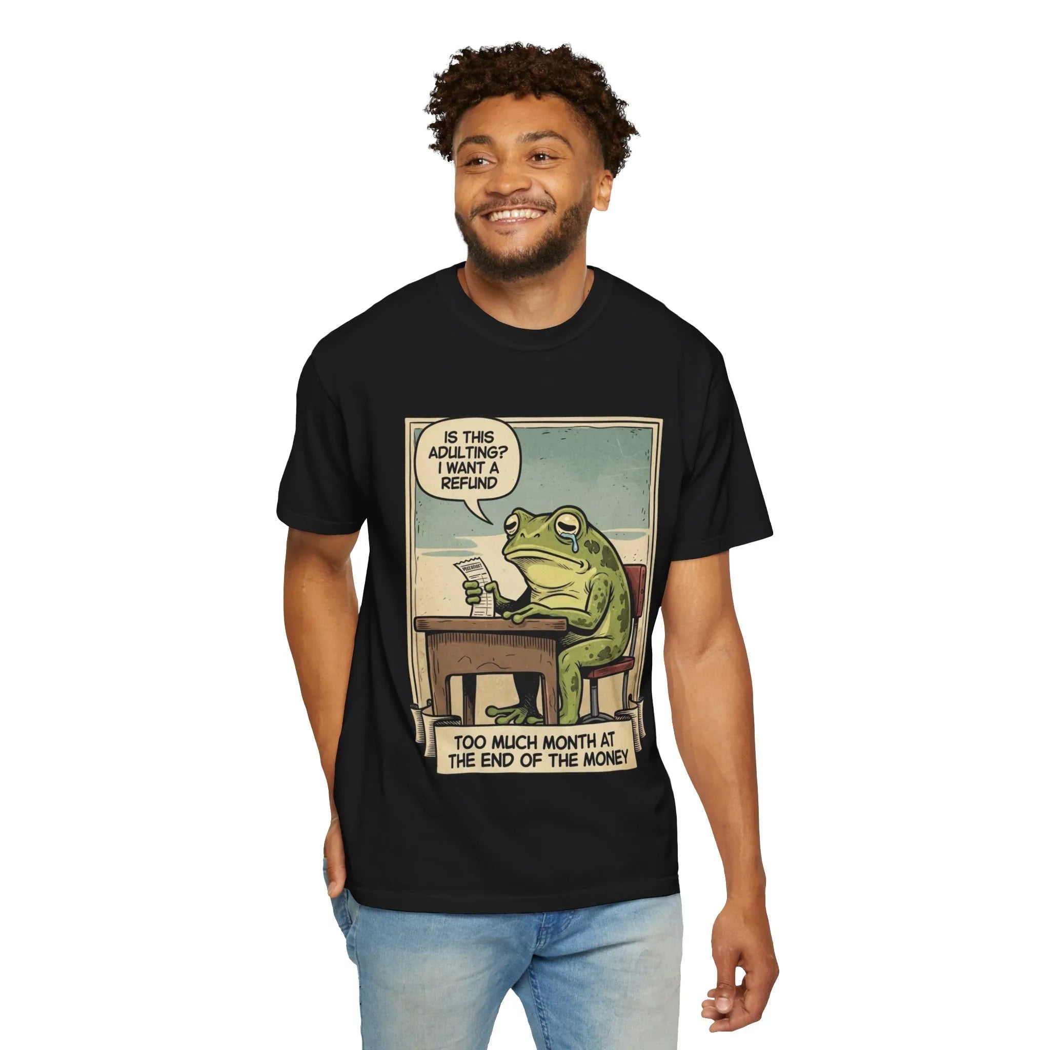 Funny Adulting Shirt - Sad Frog Meme Hoodie - "Too Much Month at the End of My Money" Sweatshirt - Vintage Aesthetic Millennial Financial Humor - Relatable Broke Friend Gift