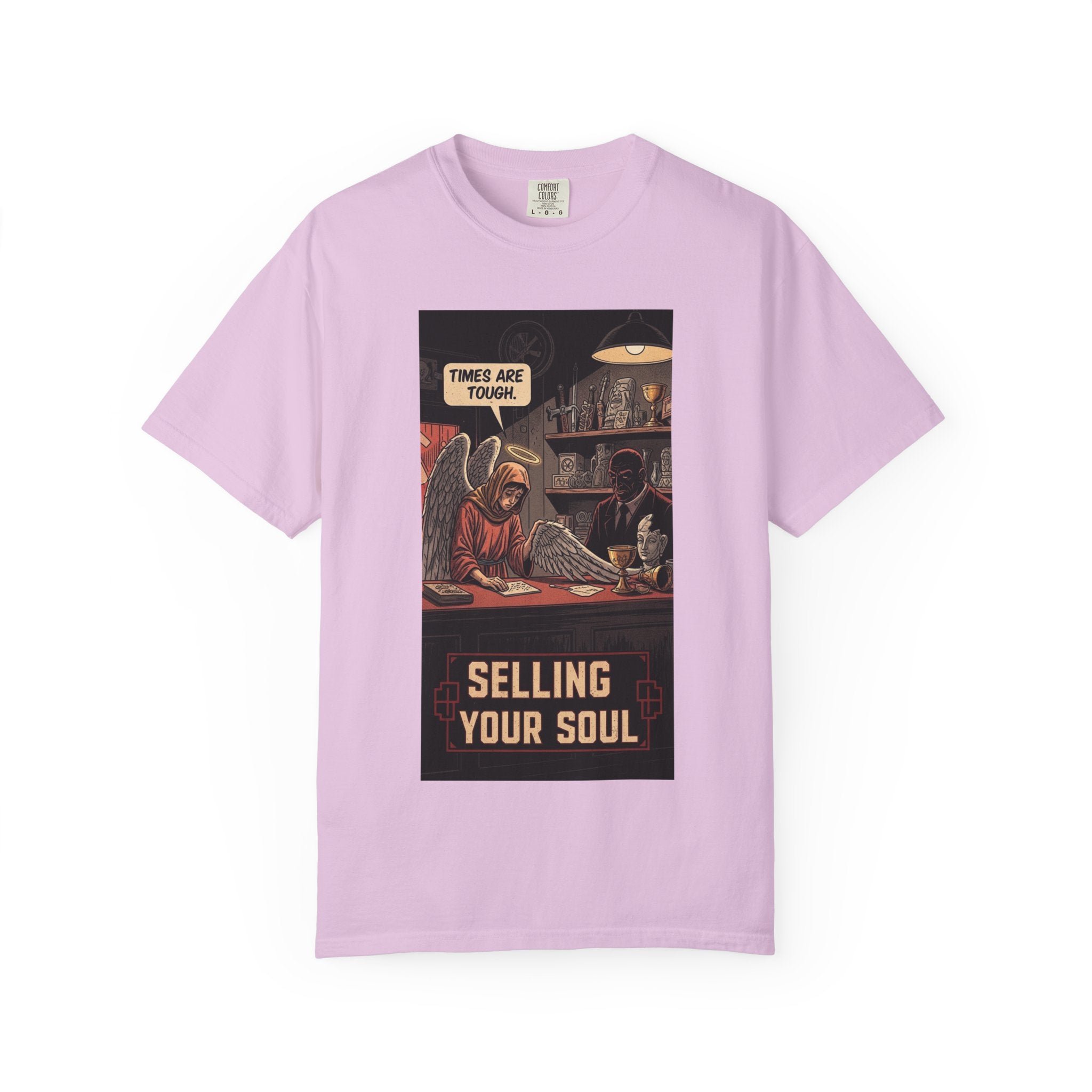 Selling Your Soul Shirt - Vintage Pawn Shop Satire Tee - Angel Social Commentary T-Shirt - Dark Humor Philosophy Gift - Retro Comic Graphic Apparel Orchid