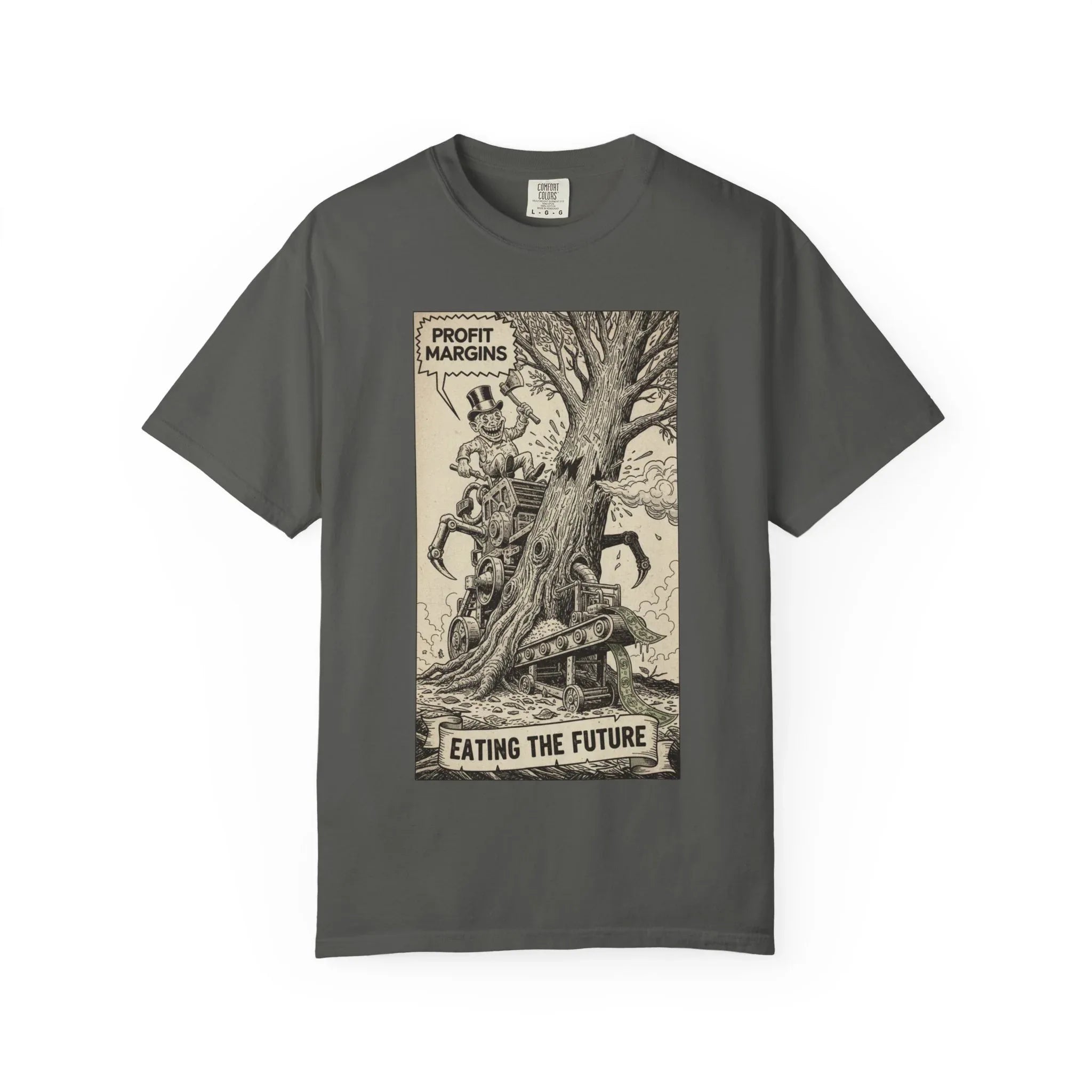 Eating The Future Shirt - Satirical Political Graphic Tee - Vintage Woodcut Eco Activist T-Shirt - Corporate Greed Social Commentary - Environmental Awareness Aesthetic Streetwear Pepper