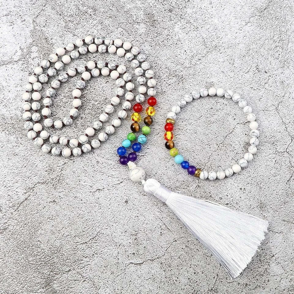 📿 108 Bead Howlite Japamala & 7 Chakra Bracelet Set: 6mm Hand-Knotted Mala Necklace – Calming Stone for Yoga Meditation & Anxiety Relief