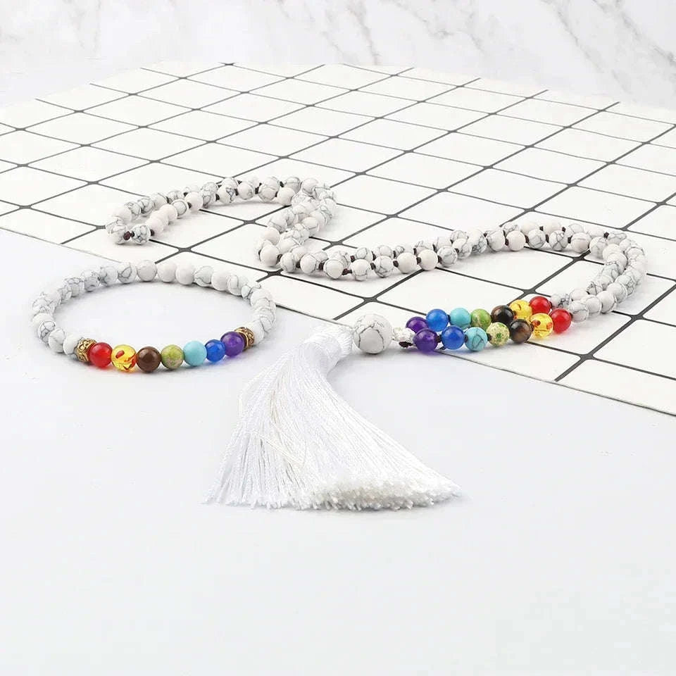 📿 108 Bead Howlite Japamala & 7 Chakra Bracelet Set: 6mm Hand-Knotted Mala Necklace – Calming Stone for Yoga Meditation & Anxiety Relief