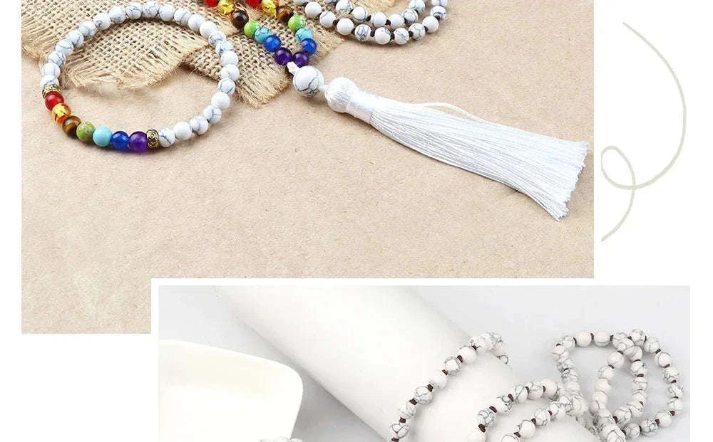 📿 108 Bead Howlite Japamala & 7 Chakra Bracelet Set: 6mm Hand-Knotted Mala Necklace – Calming Stone for Yoga Meditation & Anxiety Relief