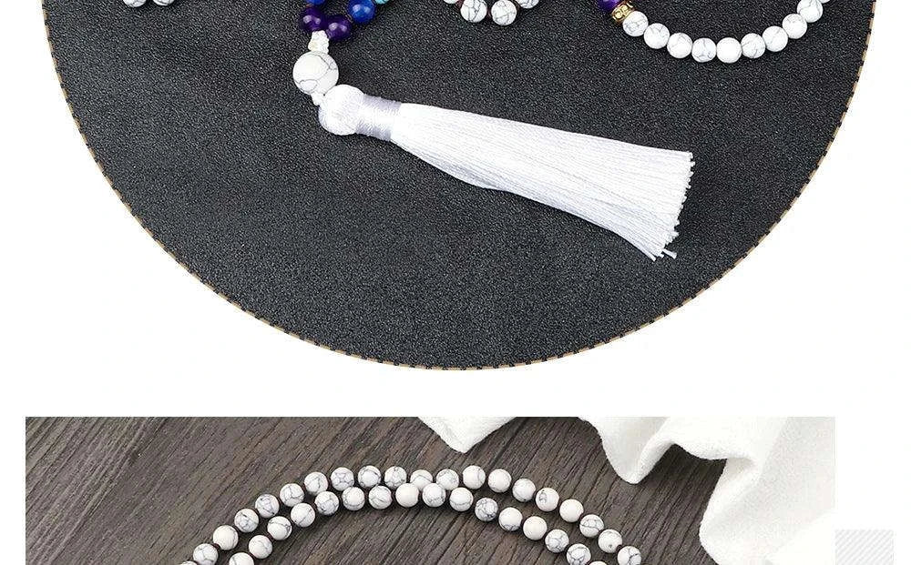 📿 108 Bead Howlite Japamala & 7 Chakra Bracelet Set: 6mm Hand-Knotted Mala Necklace – Calming Stone for Yoga Meditation & Anxiety Relief
