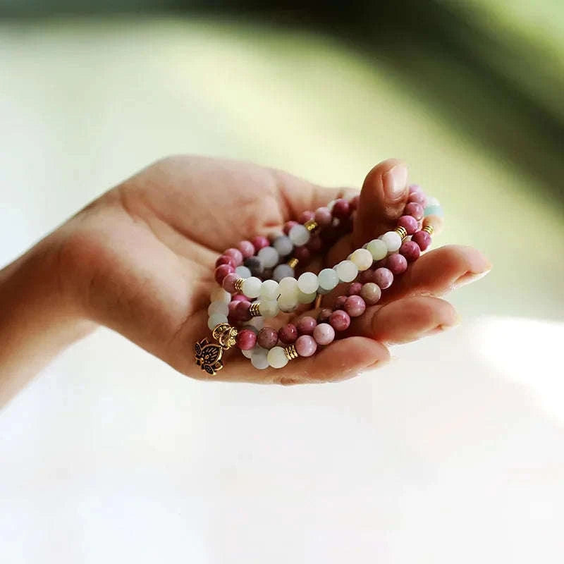 🕉️ 108 Bead "Soul Harmony" Mala Necklace: 6mm Natural Healing Stones with Lotus Charm – Elastic Yoga & Meditation Bracelet for Inner Peace