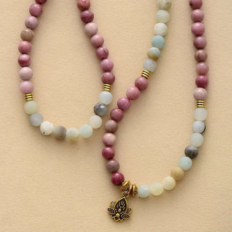 🕉️ 108 Bead "Soul Harmony" Mala Necklace: 6mm Natural Healing Stones with Lotus Charm – Elastic Yoga & Meditation Bracelet for Inner Peace