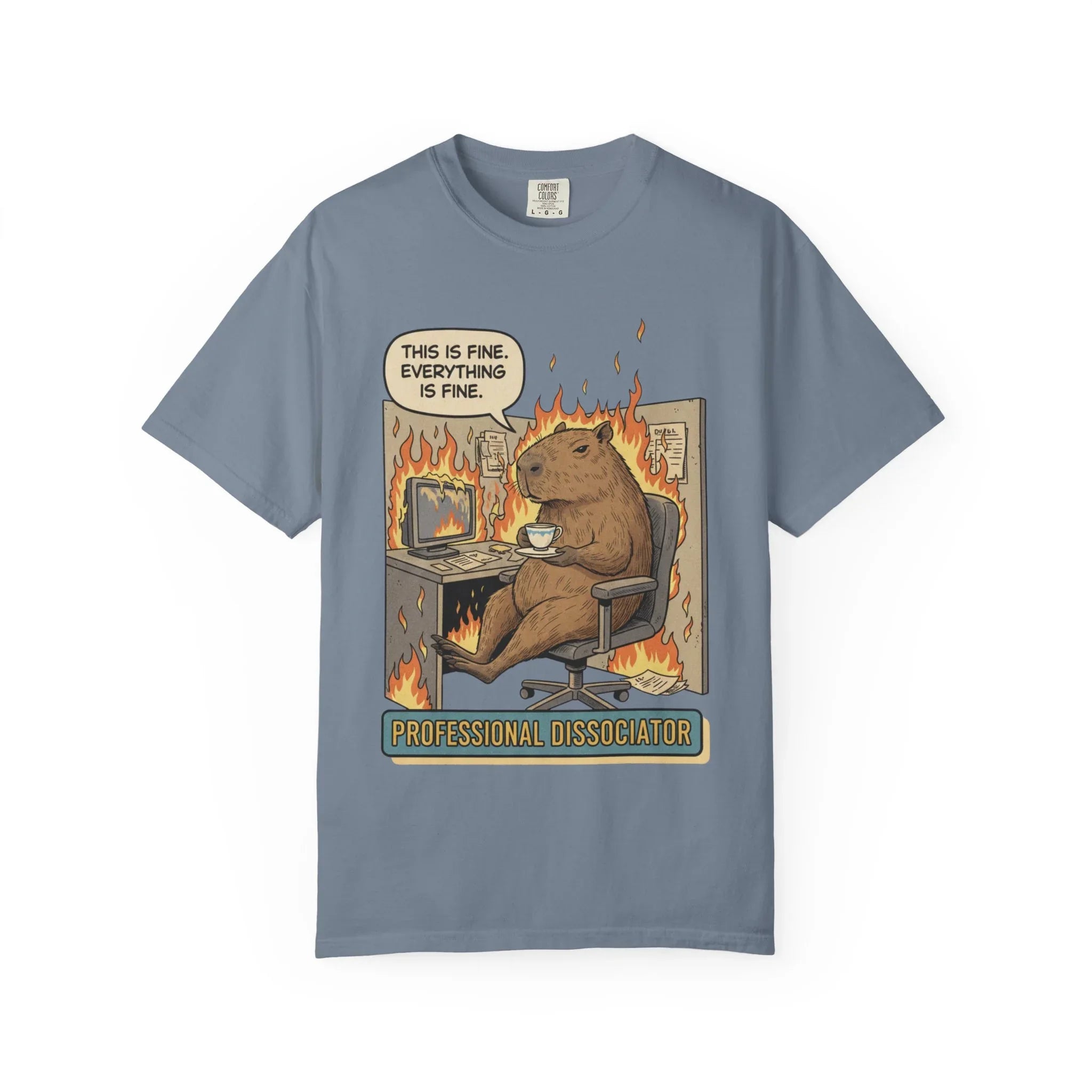 Funny Capybara "This Is Fine" Shirt - Professional Dissociator Tee - Mental Health Meme T-Shirt - Sarcastic Office Humor Gift - Relatable Corporate Grind Apparel Blue Jean