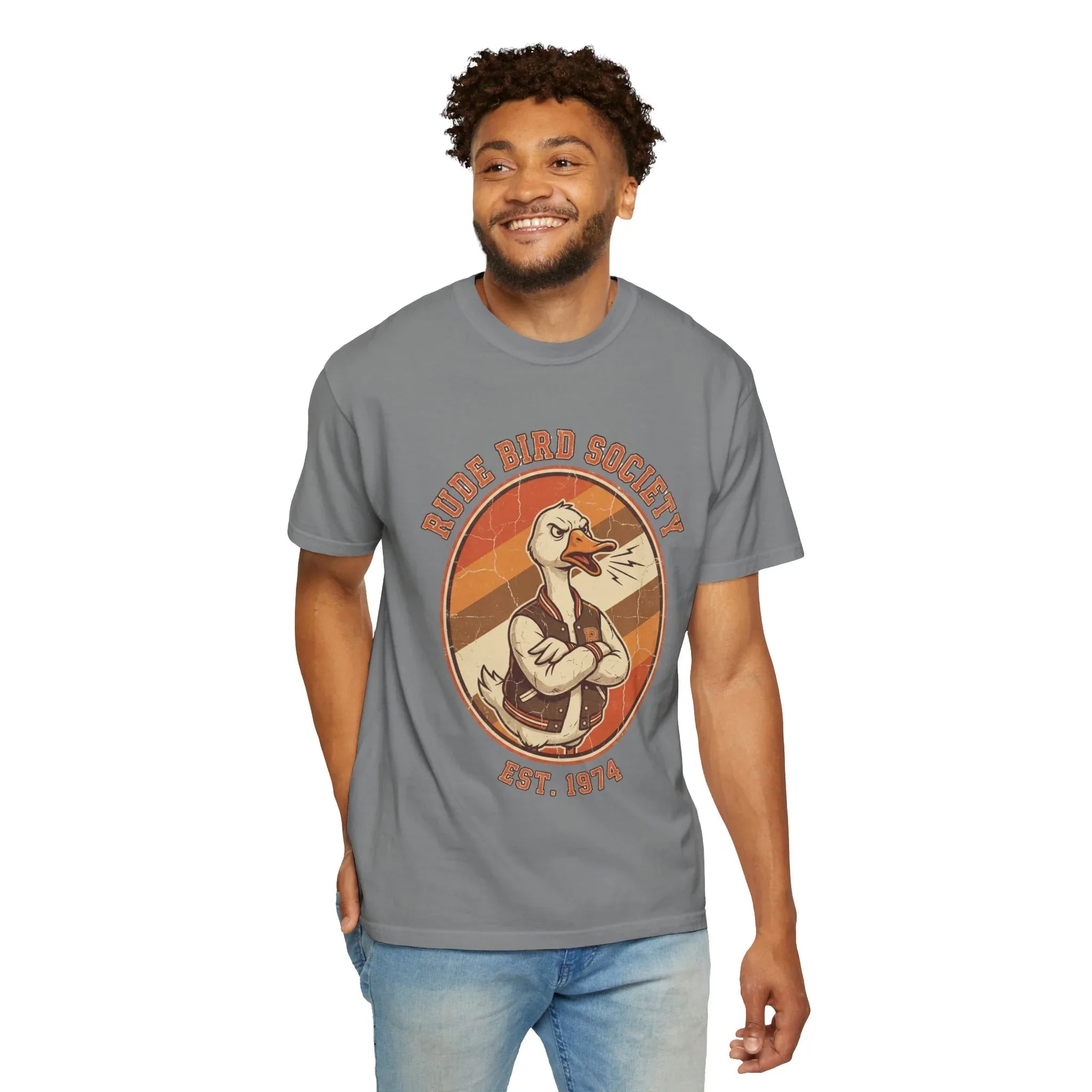 Dude Bird Society Goose T-Shirt | Retro Vintage Badge Est 1974 | Sunset Stripes Graphic | Garment-Dyed Heavyweight Unisex Grey