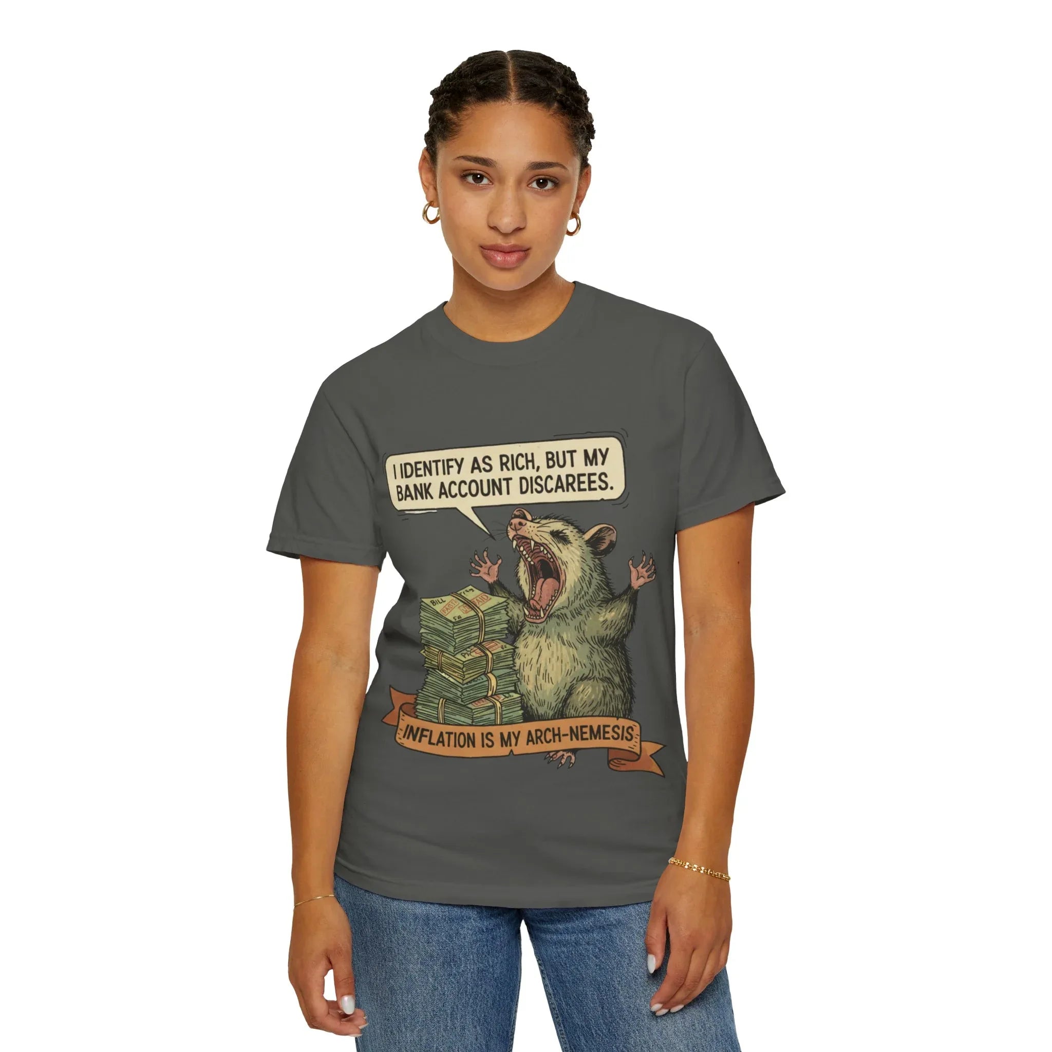 Funny Opossum Shirt I Identify As Rich Sarcastic Animal Meme Tee Screaming Opossum Gift for Friend Inflation Struggle Humor Top
