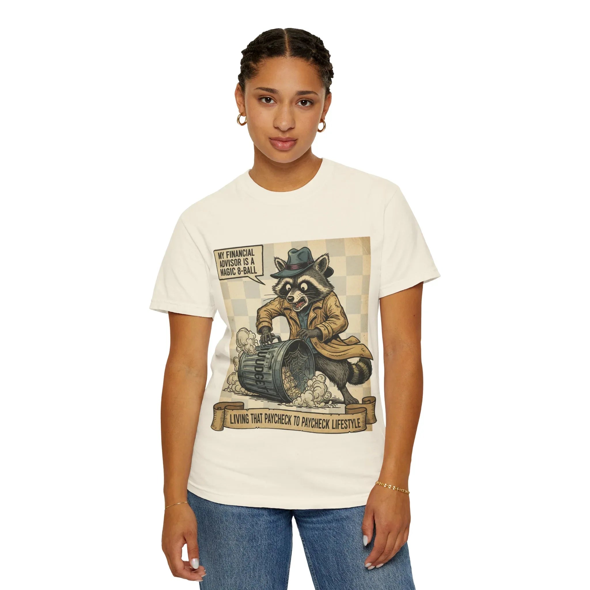 Funny Raccoon Financial Advisor Shirt - Paycheck to Paycheck T-Shirt - Broke Millennial Humor Sweatshirt - Sarcastic Inflation Trash Panda Tee - Relatable Money Struggle Top Ivory
