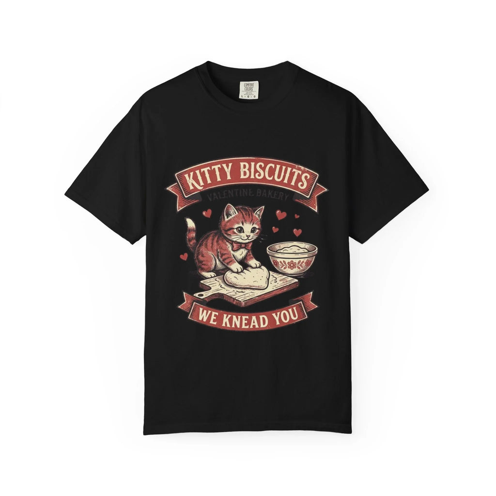 Kitty Biscuits T-Shirt | Valentine Bakery Cat We Knead You Graphic Tee Black