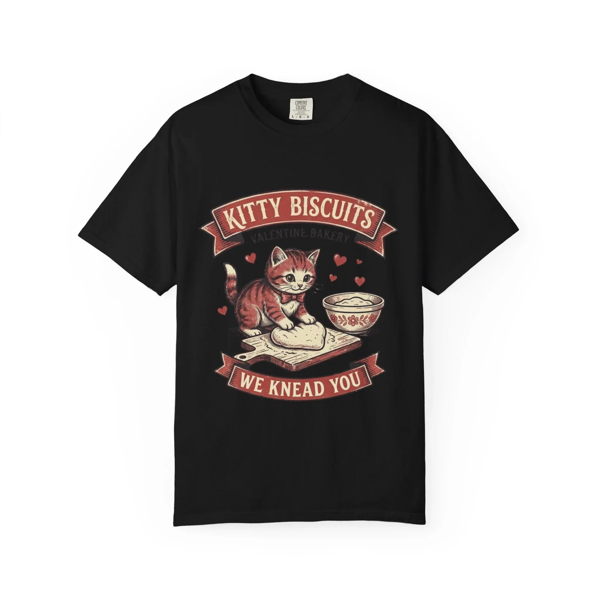 Kitty Biscuits T-Shirt | Valentine Bakery Cat We Knead You Graphic Tee Black
