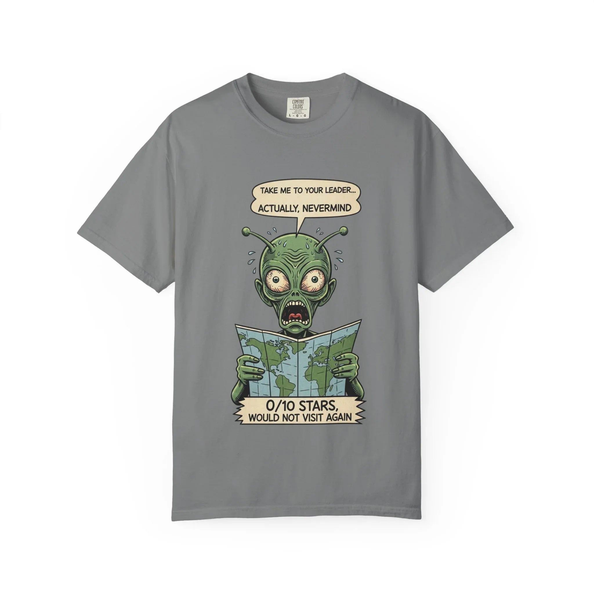 Funny Alien Shirt - Sarcastic Earth Review Tee - Vintage Sci-Fi Lover Gift - 0 Out Of 10 Stars Meme Tshirt - Retro UFO Graphic Top for Introverts Grey